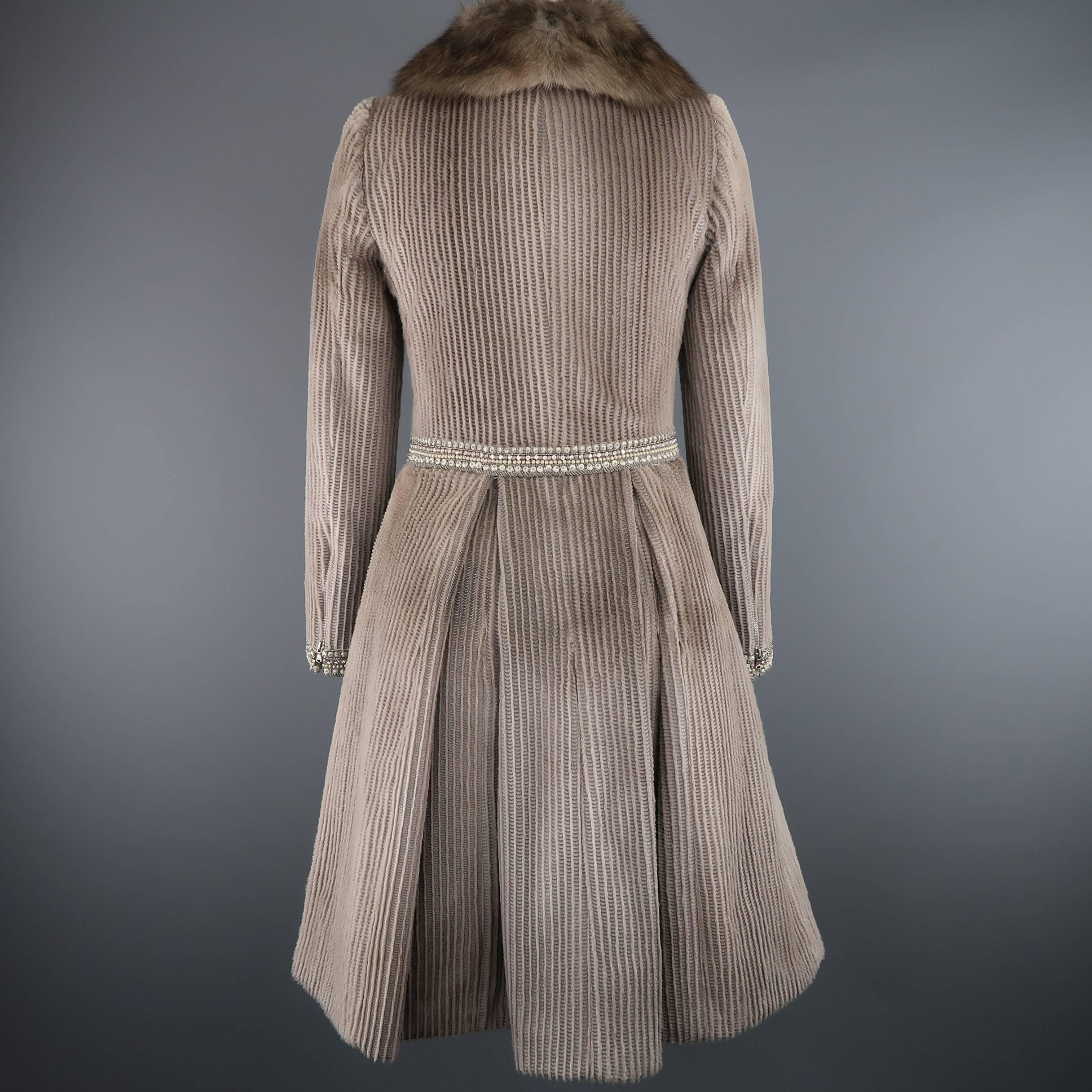Dennis Basso Taupe Perforated Mink Sable Collar Pleated Skirt Cocktail Dress 4