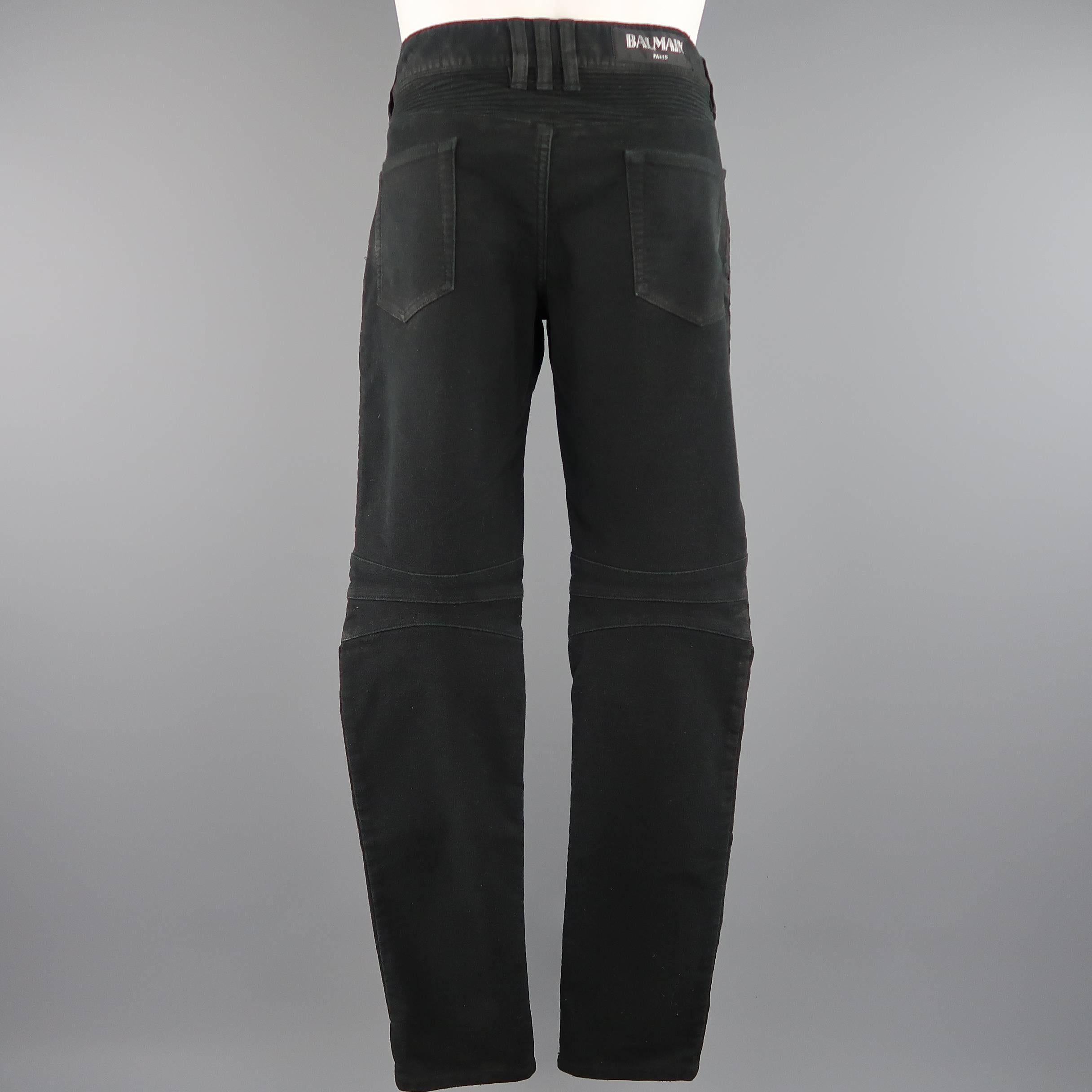 Men's BALMAIN Size 32 Black Coated Crease Cotton Blend Moto Jeans 2