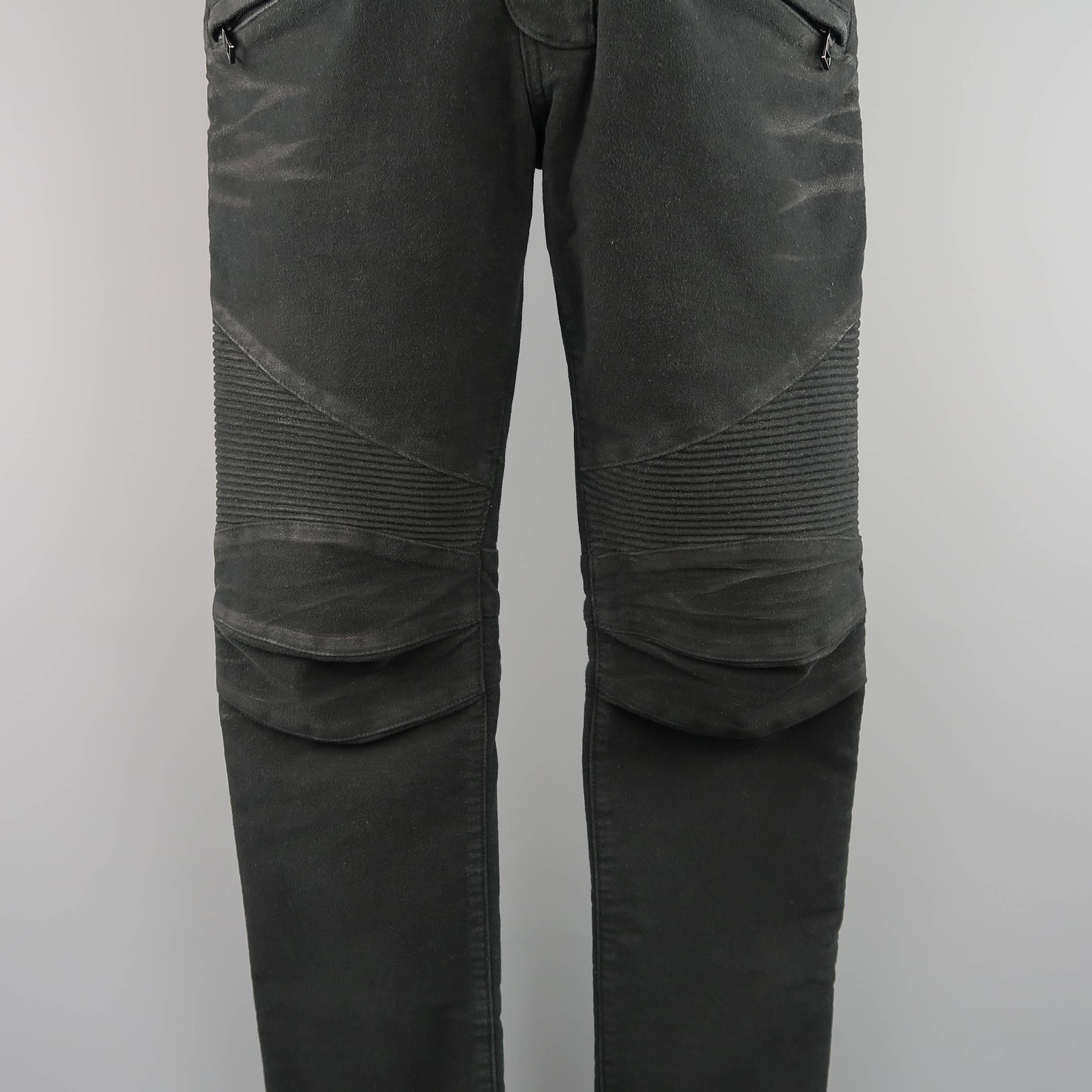 Men's BALMAIN Size 32 Black Coated Crease Cotton Blend Moto Jeans In Good Condition In San Francisco, CA