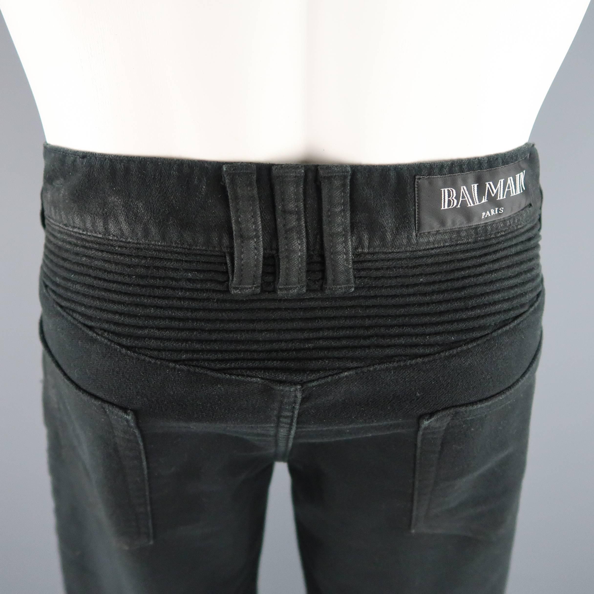 Men's BALMAIN Size 32 Black Coated Crease Cotton Blend Moto Jeans 4
