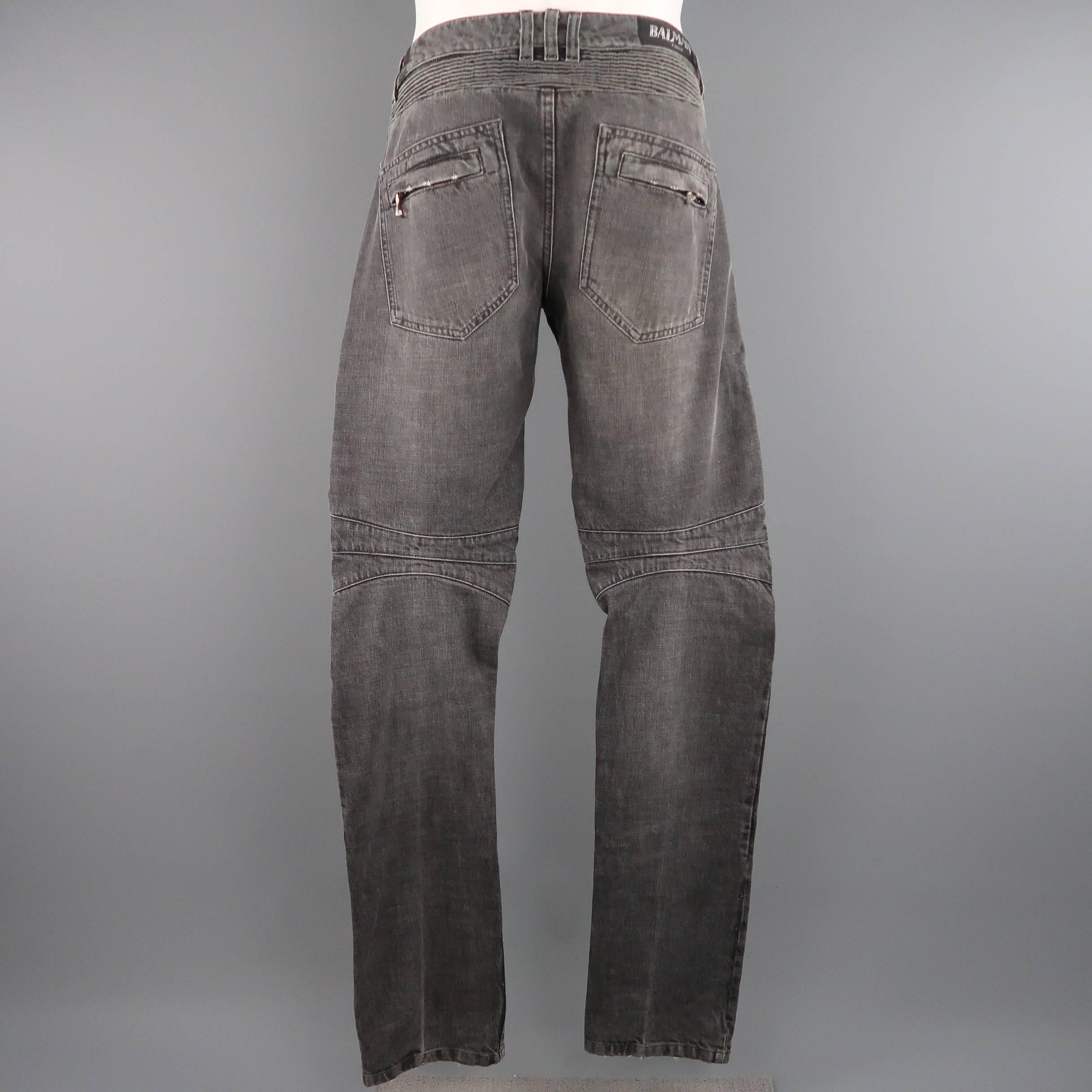Men's BALMAIN Size 32 Gray Washed Denim Moto Jeans 2