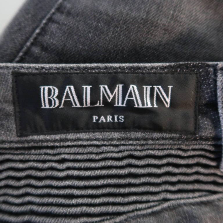 Men's BALMAIN Size 32 Gray Washed Denim Moto Jeans at 1stDibs | moto ...