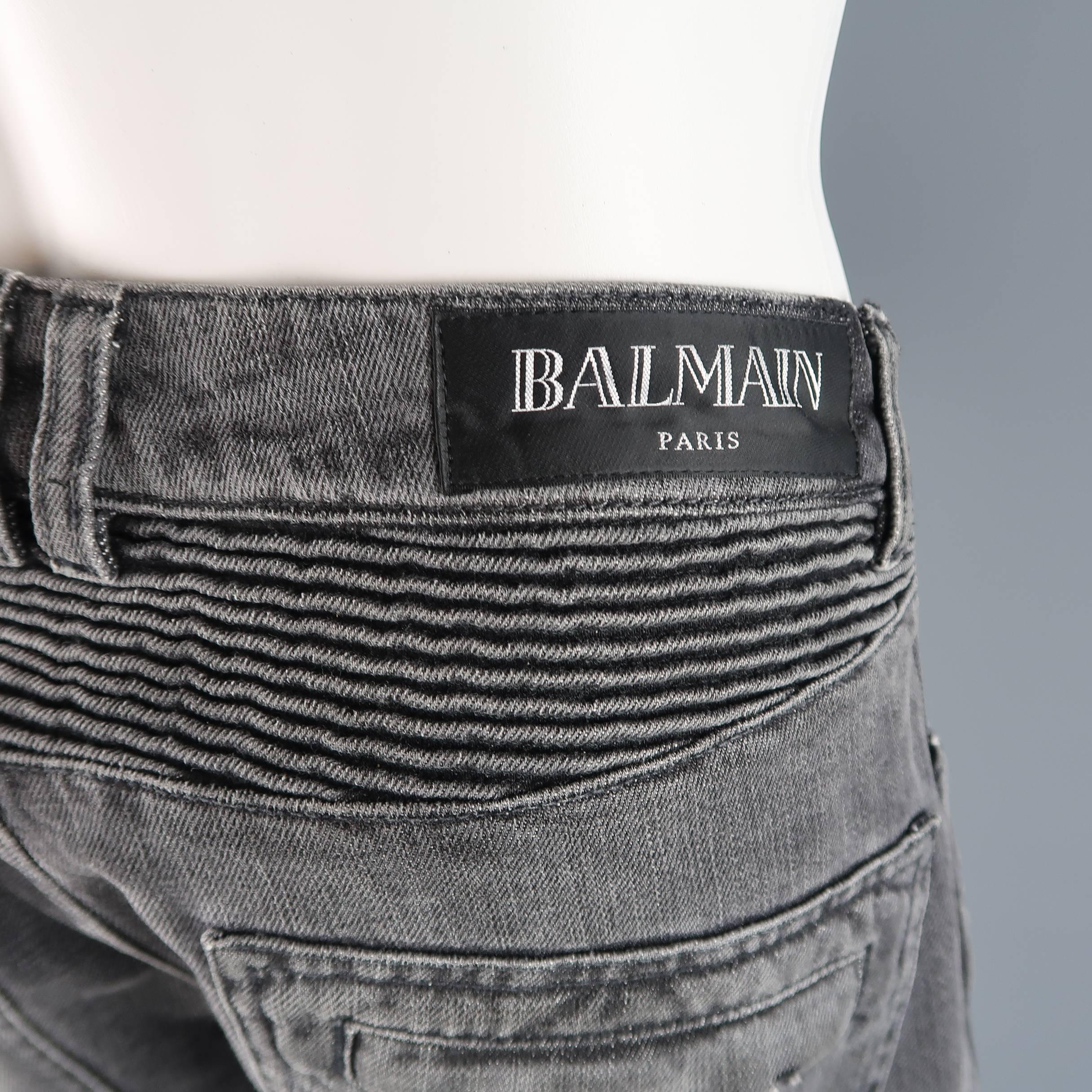 Men's BALMAIN Size 32 Gray Washed Denim Moto Jeans In Good Condition In San Francisco, CA