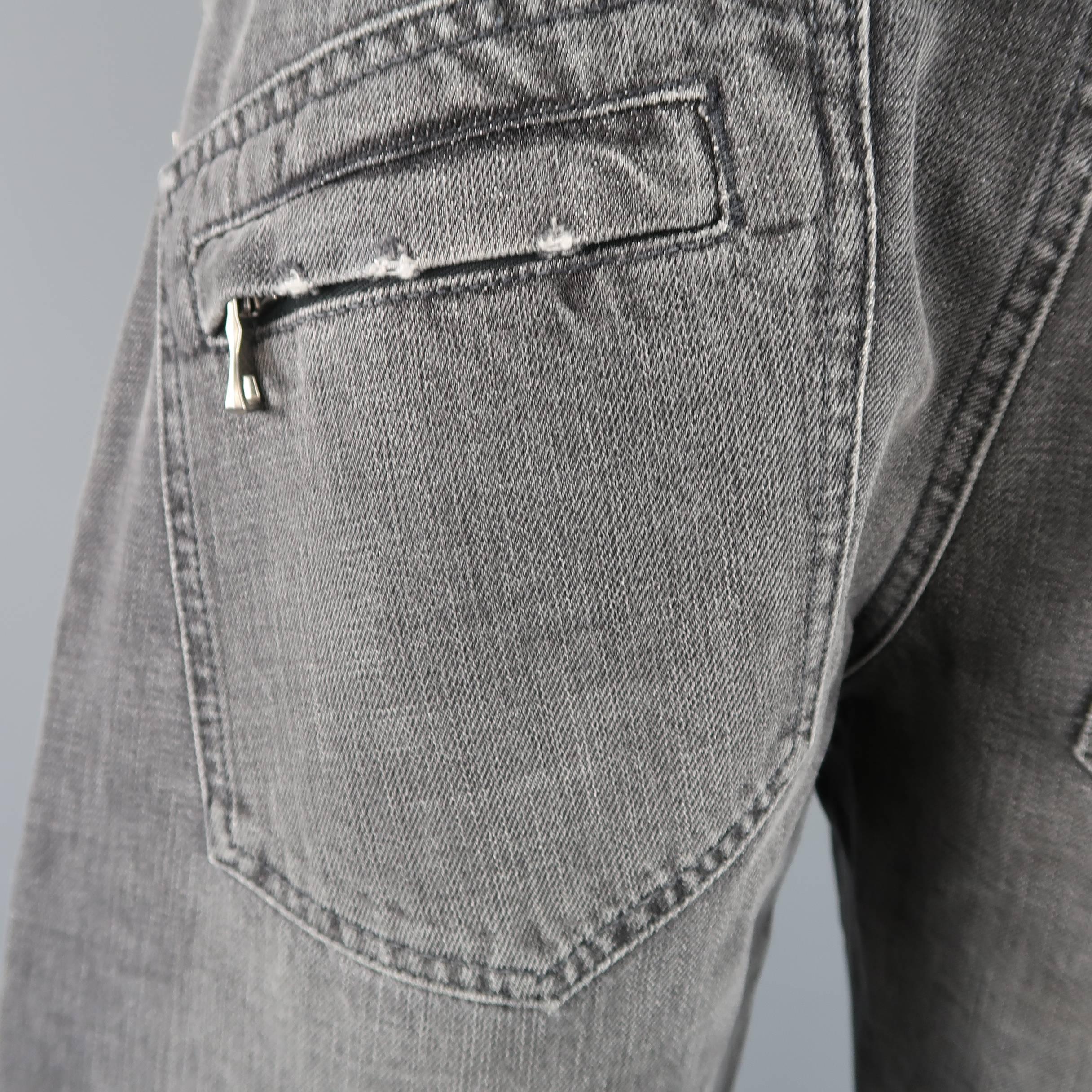 Men's BALMAIN Size 32 Gray Washed Denim Moto Jeans 1