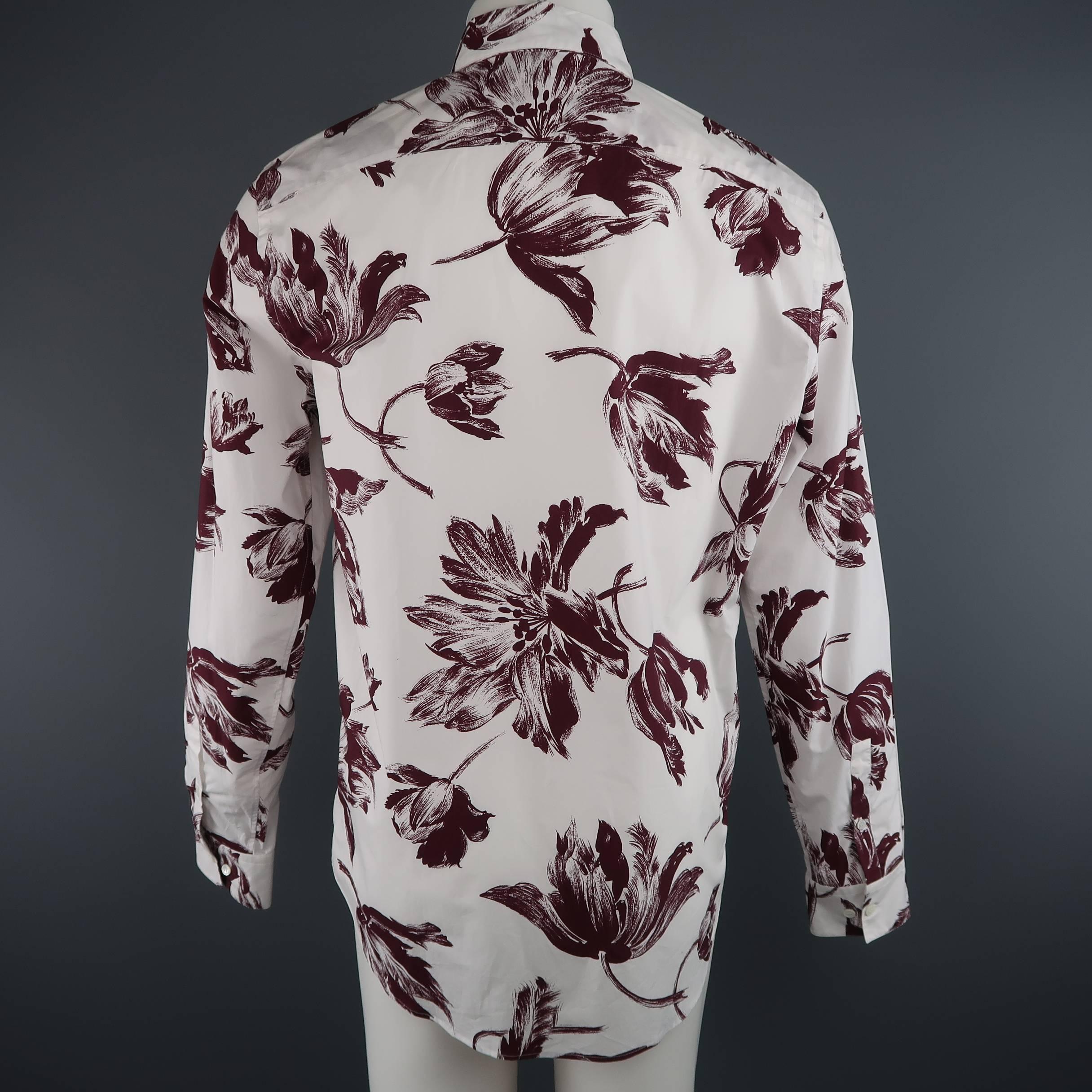 Men's MARNI Size L White & Burgundy Brush Stroke Floral Cotton Long Sleeve Shirt In New Condition In San Francisco, CA