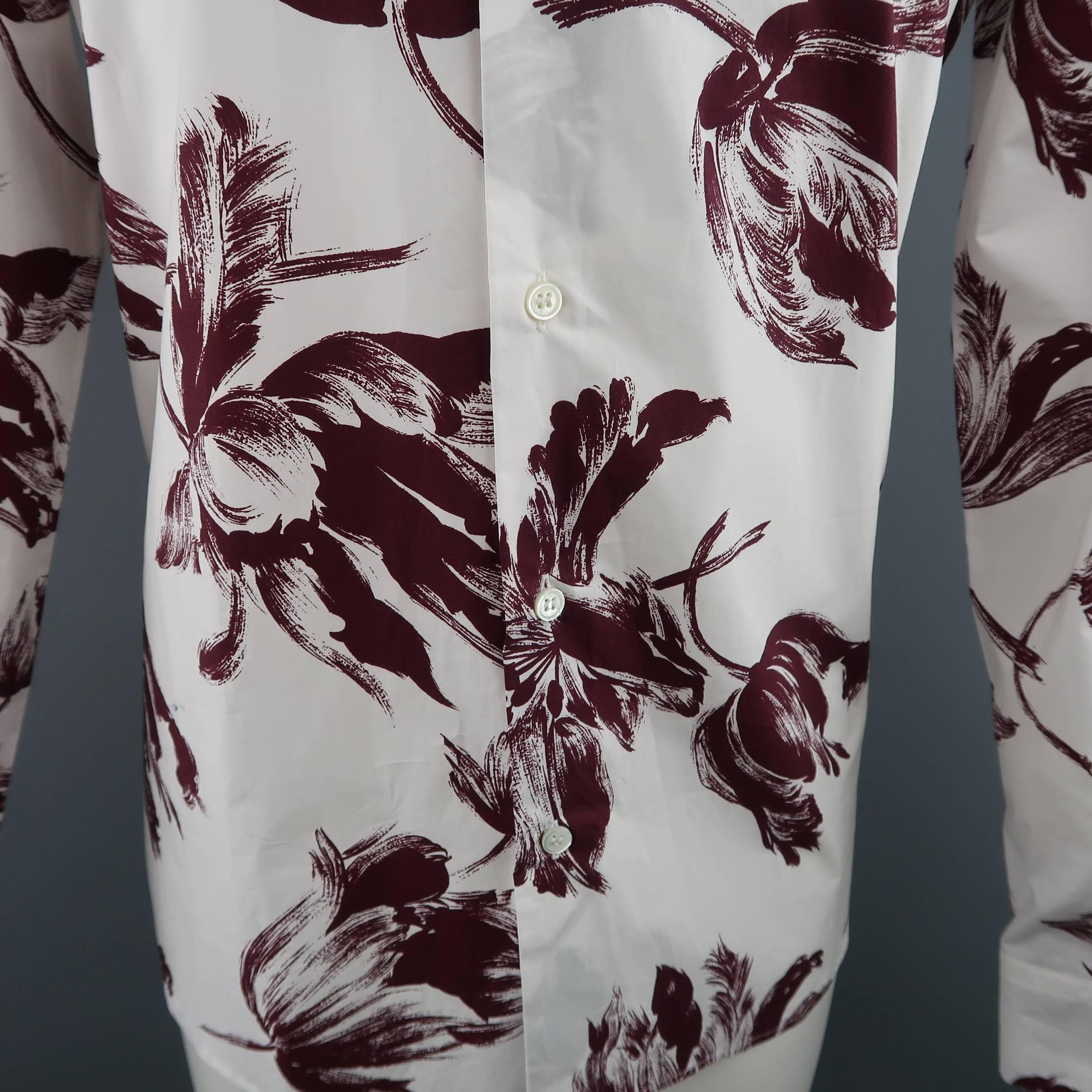 Red Men's MARNI Size L White & Burgundy Brush Stroke Floral Cotton Long Sleeve Shirt
