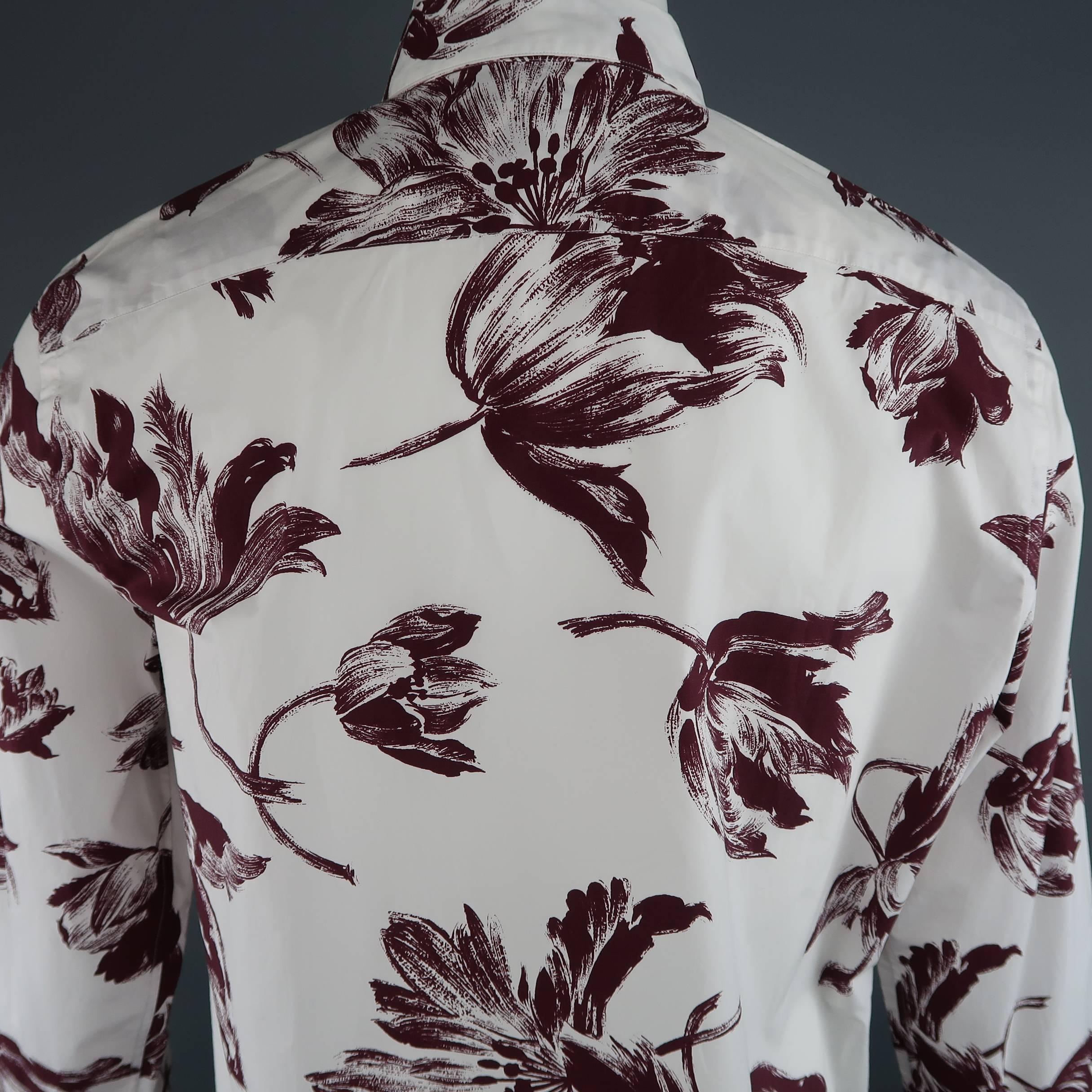 Men's MARNI Size L White & Burgundy Brush Stroke Floral Cotton Long Sleeve Shirt 2