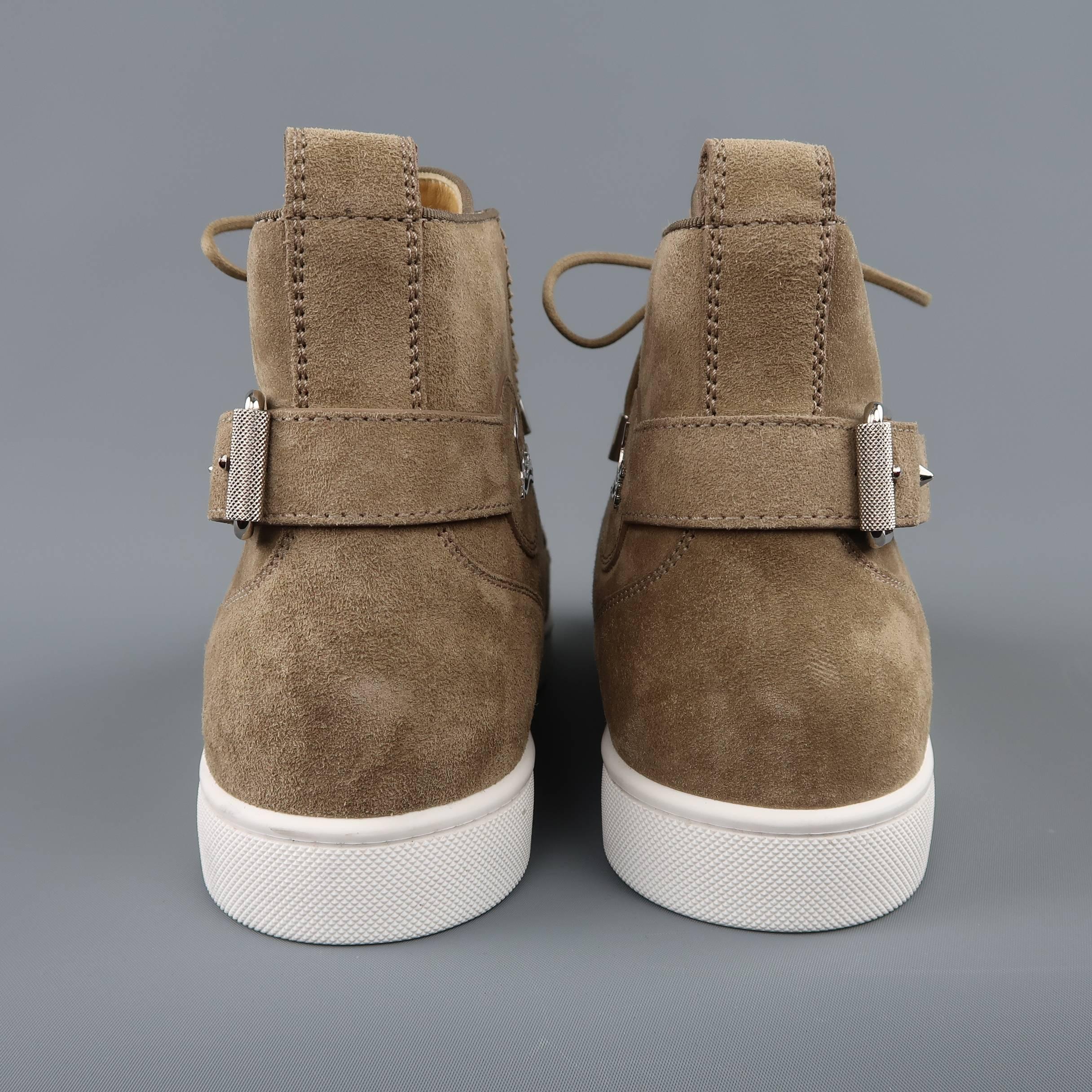 Men's CHRISTIAN LOUBOUTIN 11 Taupe Suede Buckle Strap NONO High Top Sneakers In Excellent Condition In San Francisco, CA