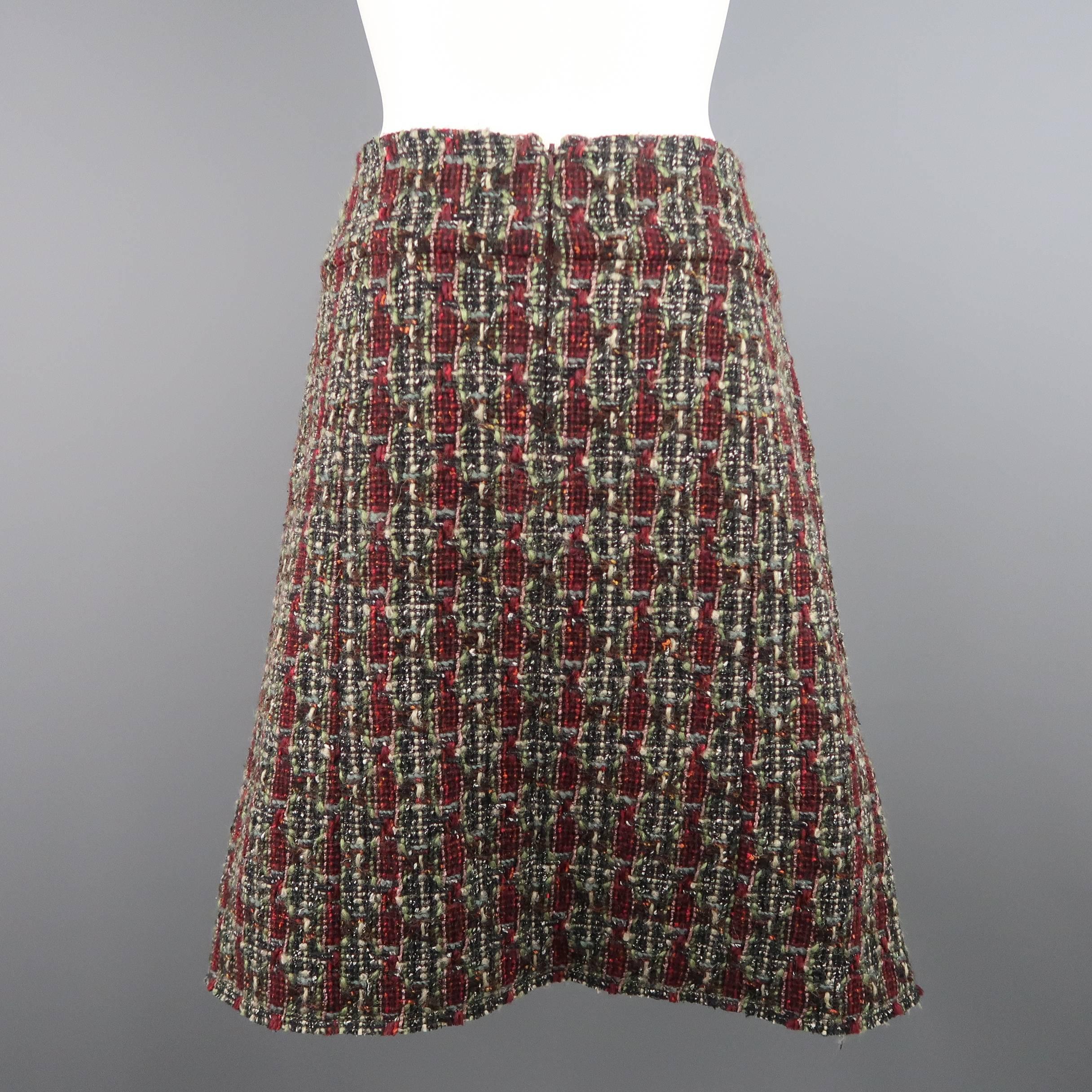 Red CHANEL Skirt - Size 14 - Burgundy & Green Wool Blend Boucle Tweed A Line Skirt
