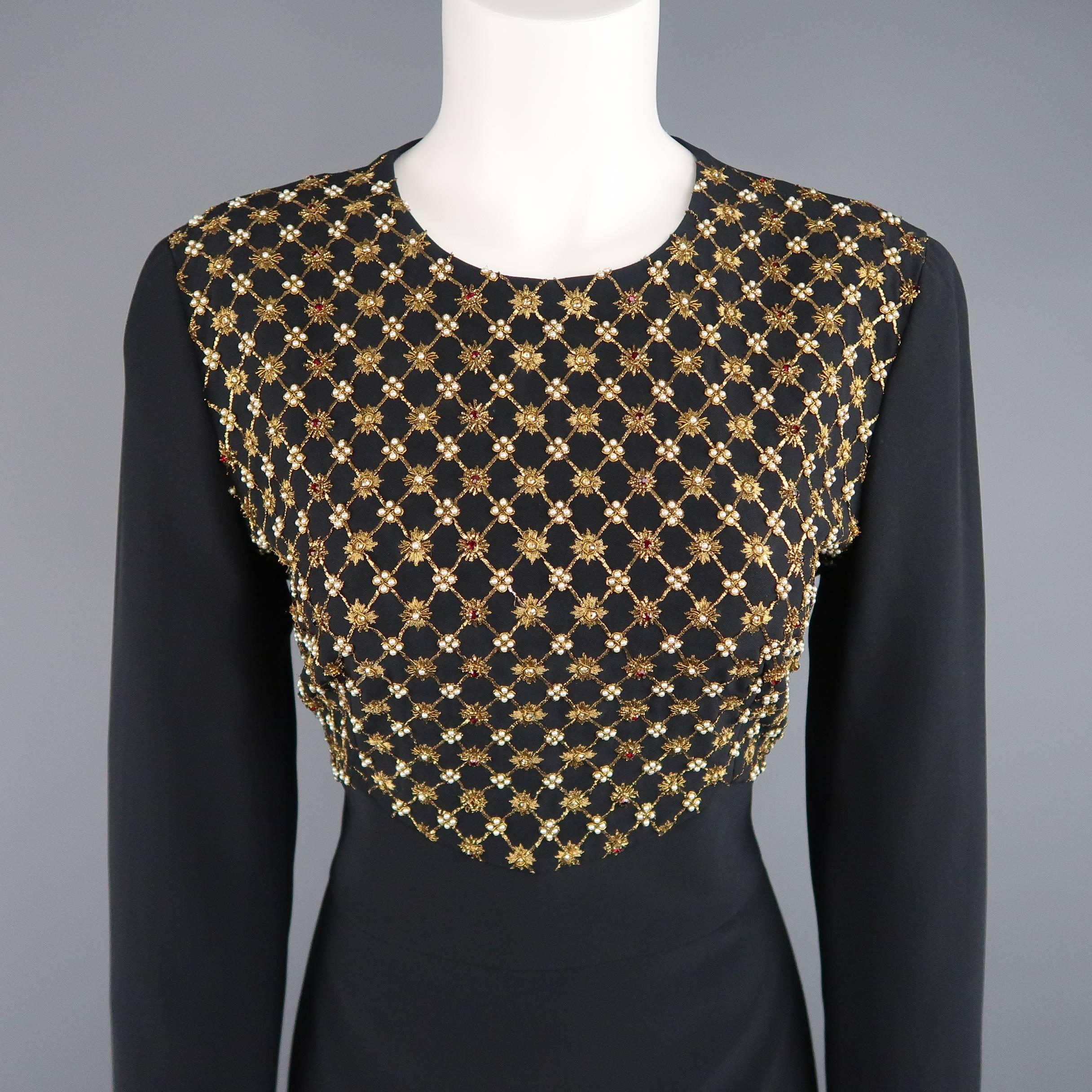 Women's Alexander McQueen Dress - Size 10 Black Gold Embroidered Chest Long Sleeved