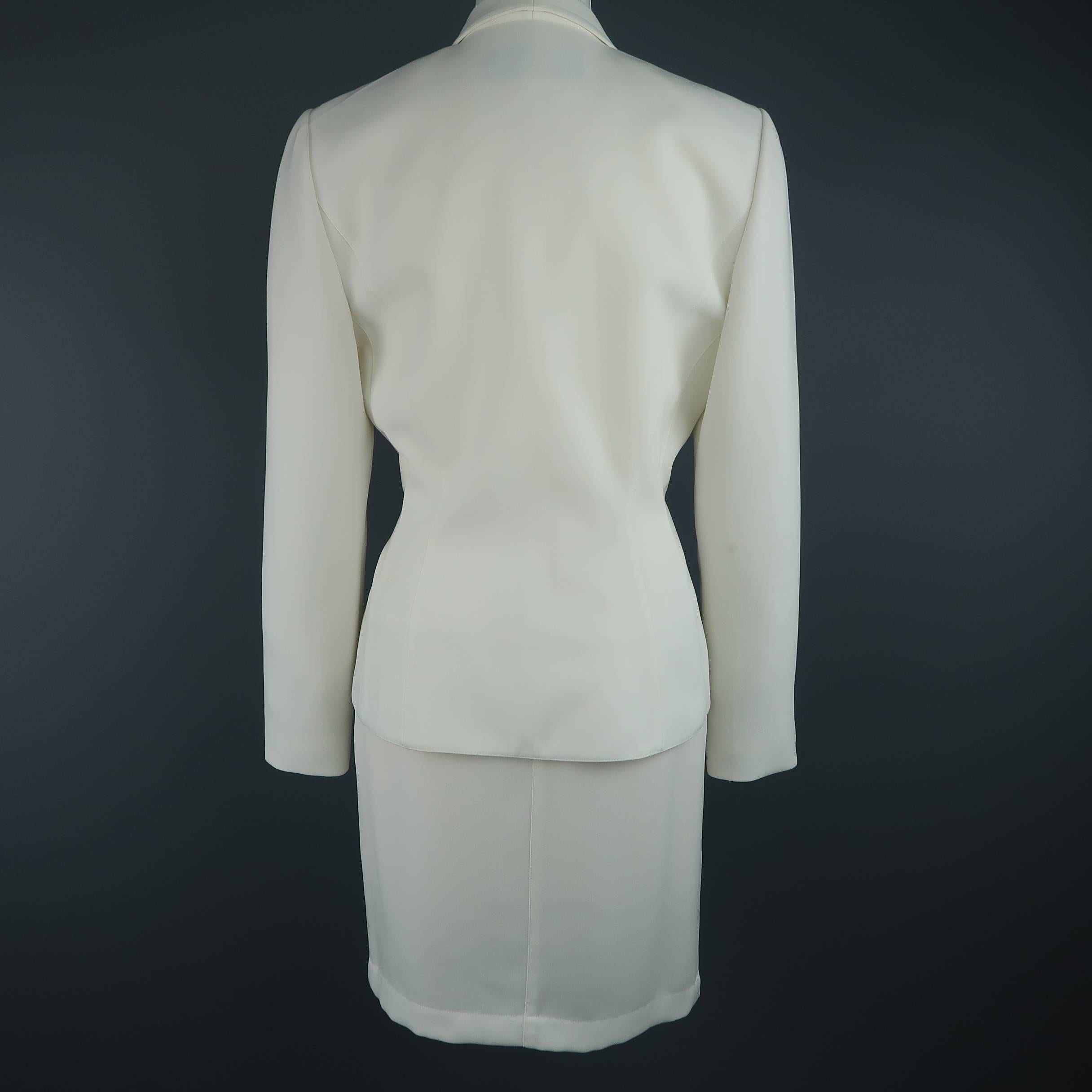 Thierry Mugler Cream Silver Enamel Stud Shawl Collar Skirt Suit, Size 10 2