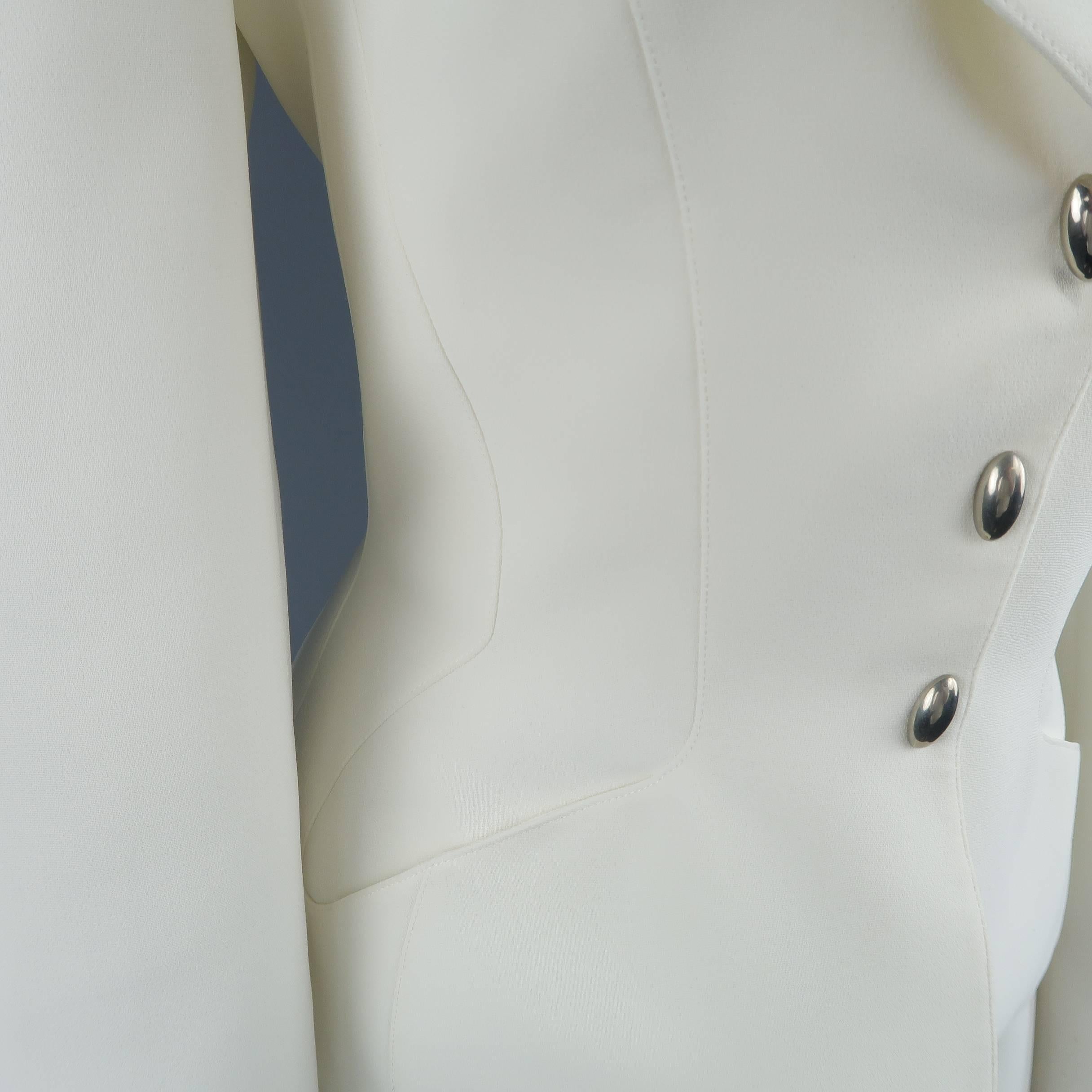 Women's Thierry Mugler Cream Silver Enamel Stud Shawl Collar Skirt Suit, Size 10