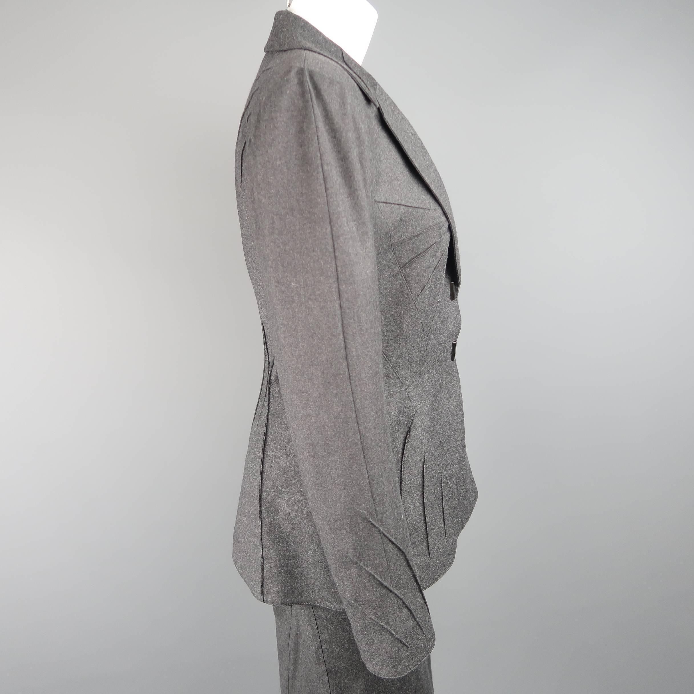 Women's Thierry Mugler Grey Wool Piping Detailed Skirt Suit, Size 10