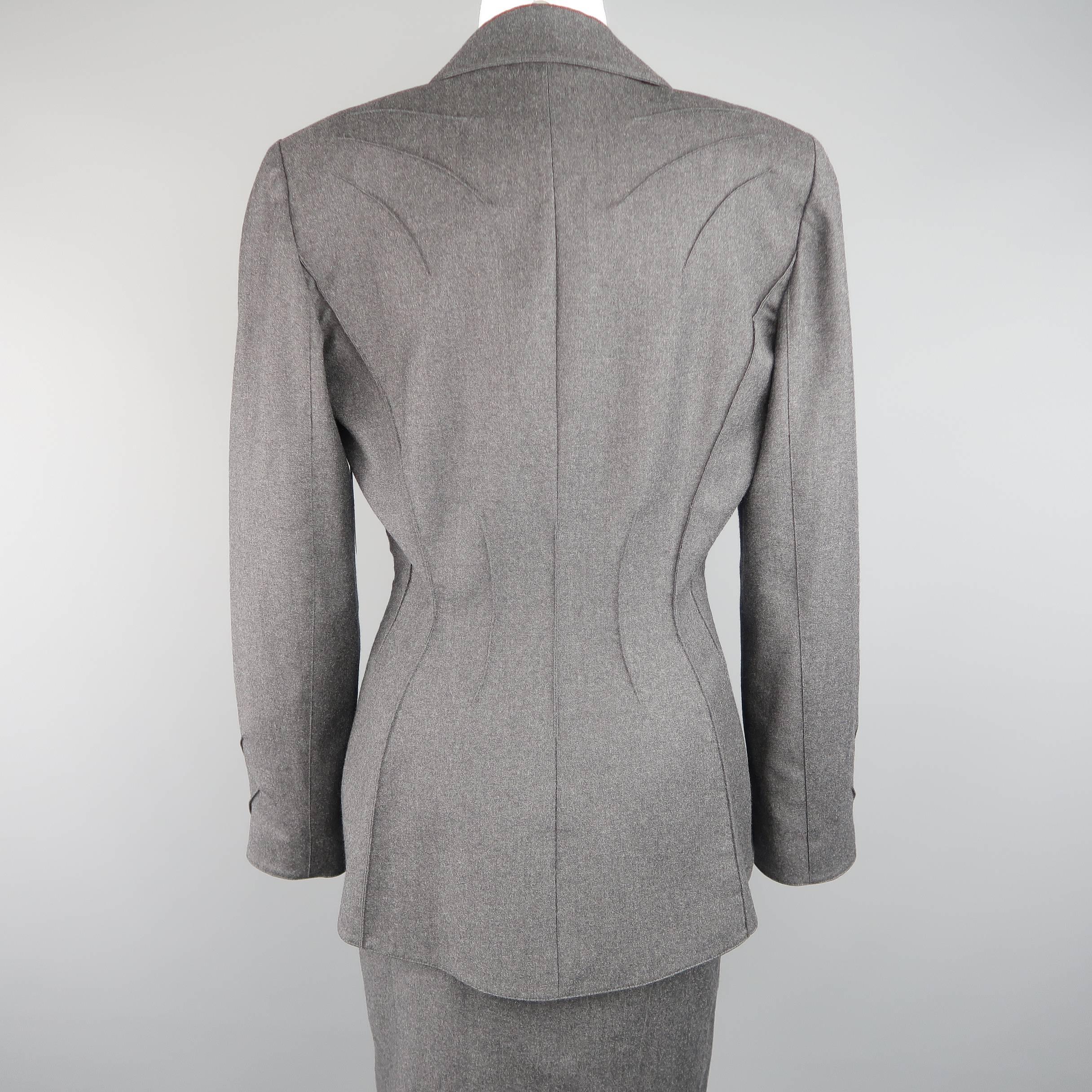 Thierry Mugler Grey Wool Piping Detailed Skirt Suit, Size 10 1