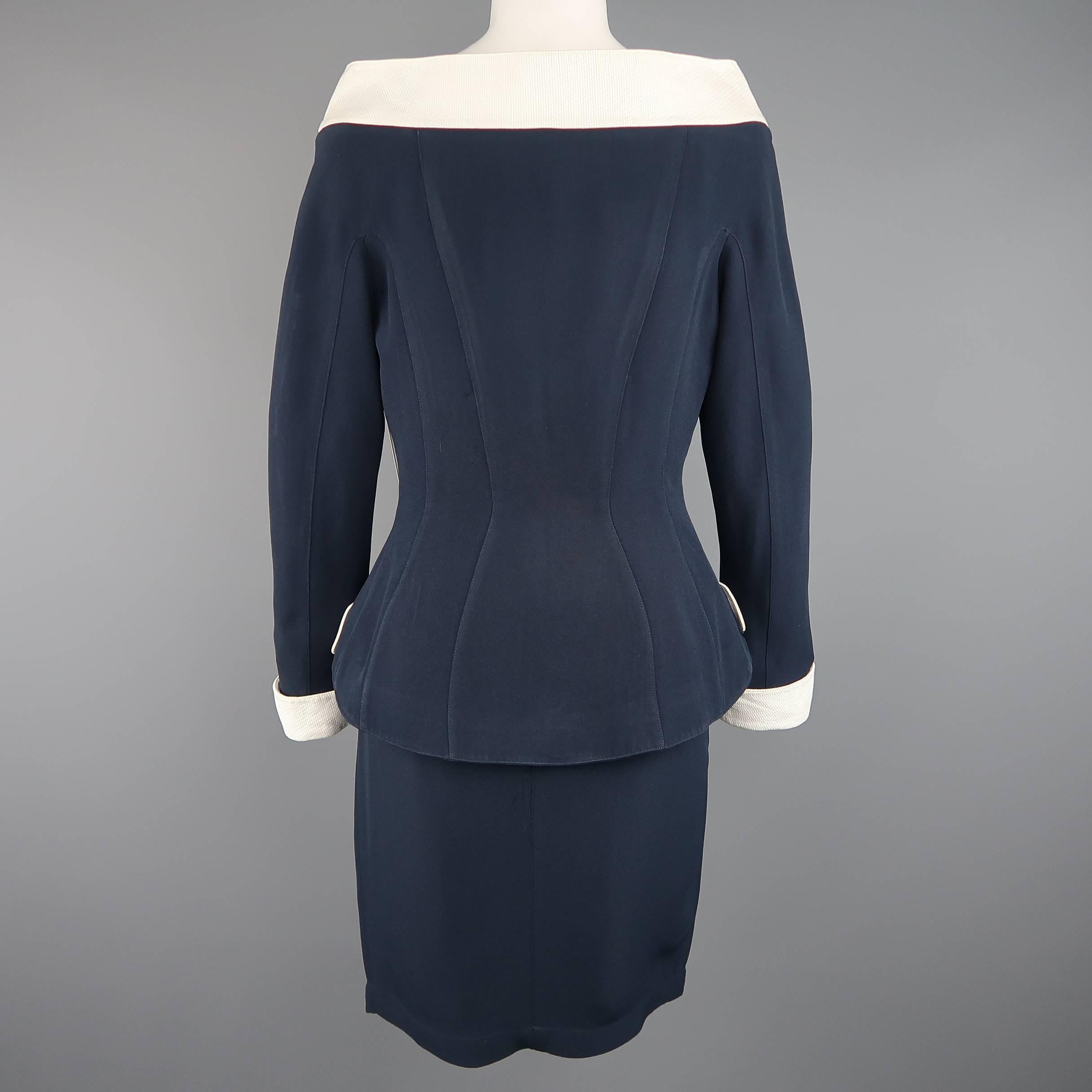 THIERRY MUGLER Size 10 Navy & White Off The Shoulder Portrait Collar Skirt Suit In Fair Condition In San Francisco, CA
