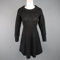 Chanel Dress - Size 8 - Black Wool Knit Textured Panel Lion Head Button A Line