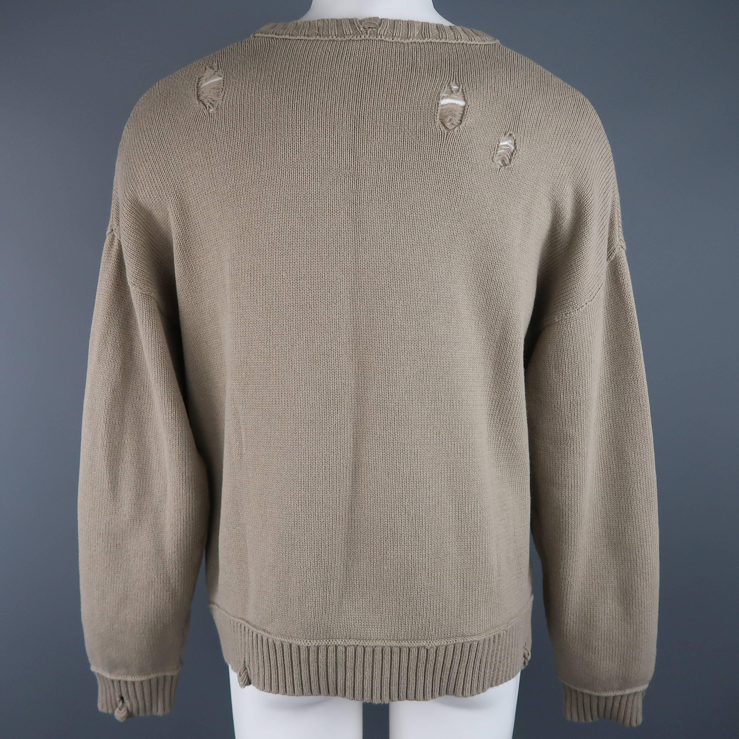Men's ISABEL BENENATO Size L Beige Distressed Destroyed Cotton Pullover Sweater