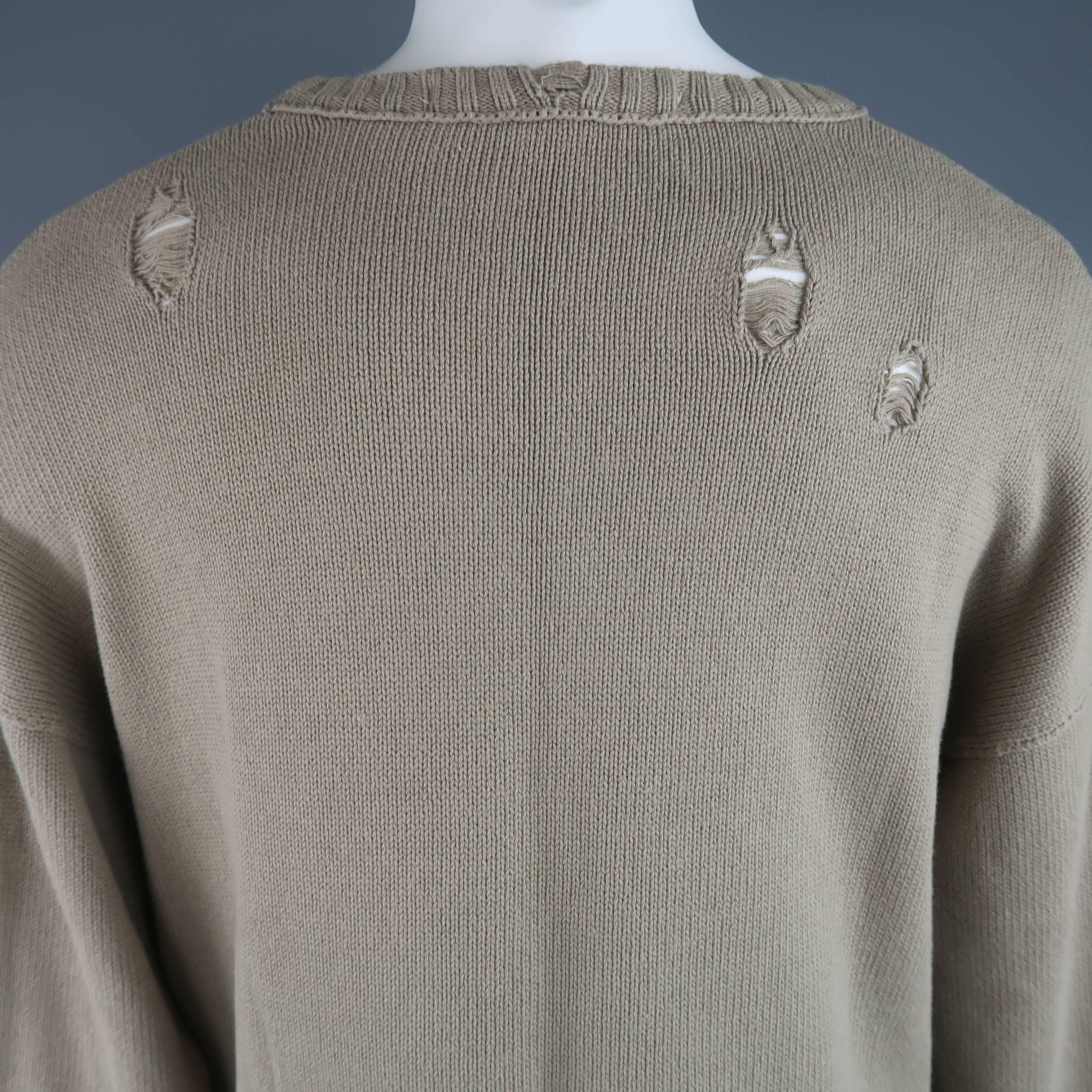ISABEL BENENATO Size L Beige Distressed Destroyed Cotton Pullover Sweater In Excellent Condition In San Francisco, CA