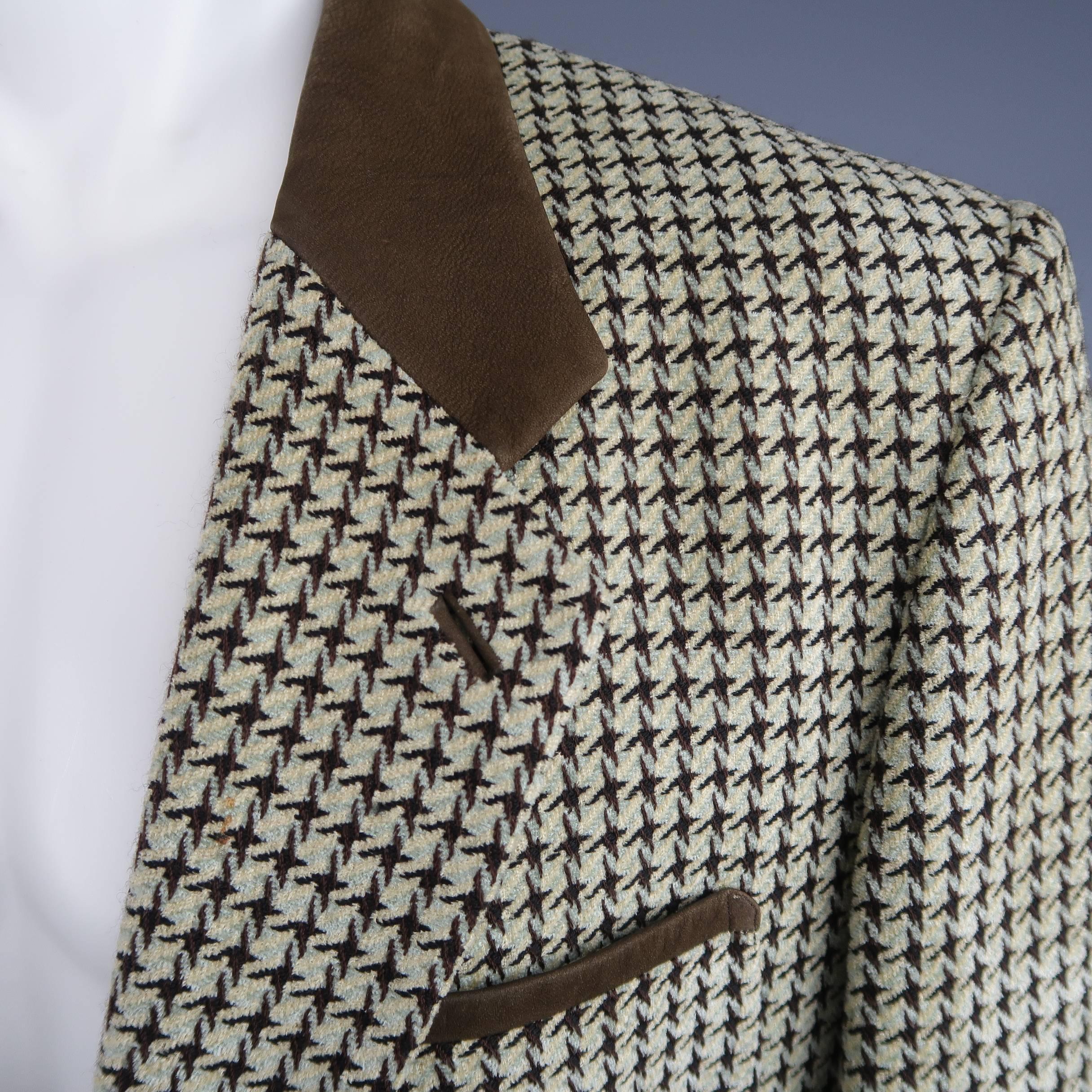 Men's Matsuda Vintage 40 Mint and Brown Houndstooth Wool Leather Trim Jacket