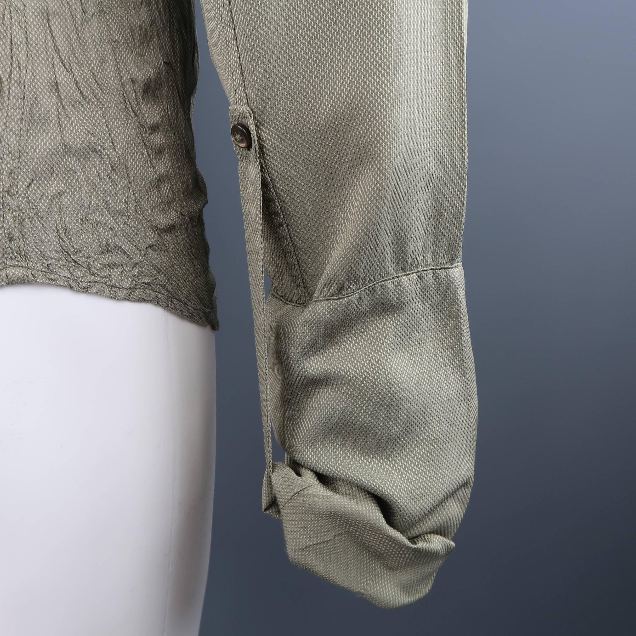 ROBERTO CAVALLI Size L Olive Nailhead Cotton Wrinkled Bottom Long Sleeve Shirt 2