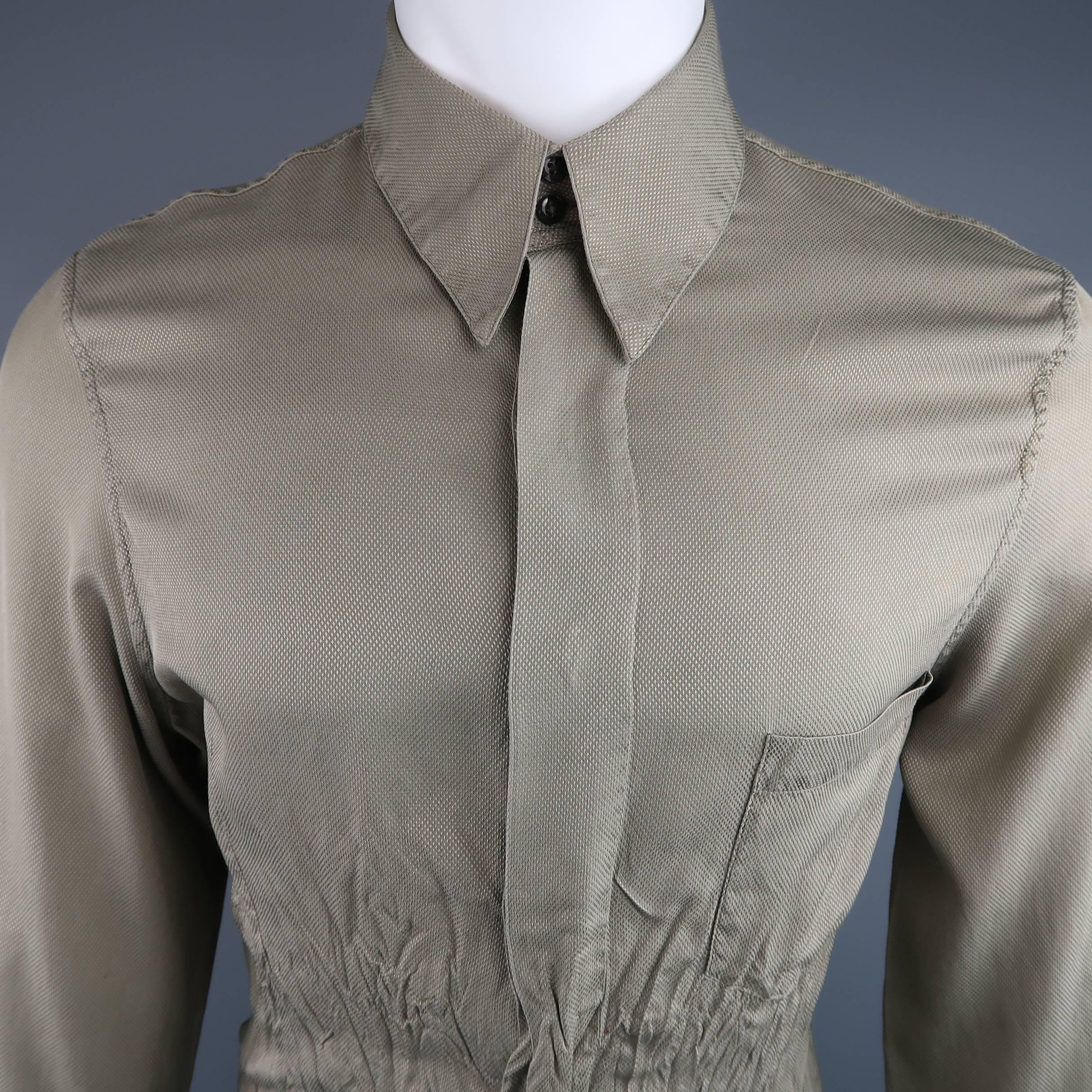 Gray ROBERTO CAVALLI Size L Olive Nailhead Cotton Wrinkled Bottom Long Sleeve Shirt