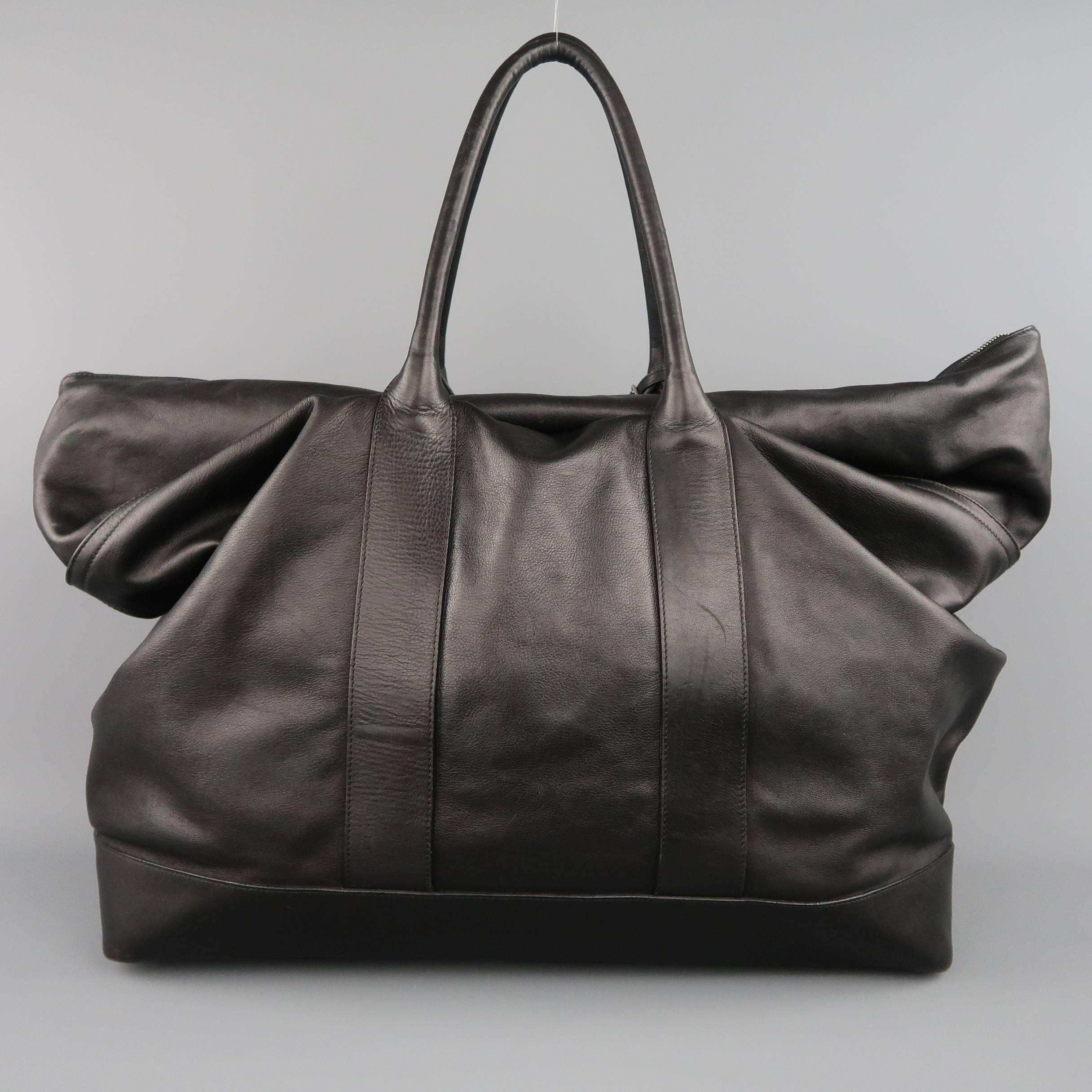 JIL SANDER Black Leather Expandable Weekender Travel Bag In Good Condition In San Francisco, CA