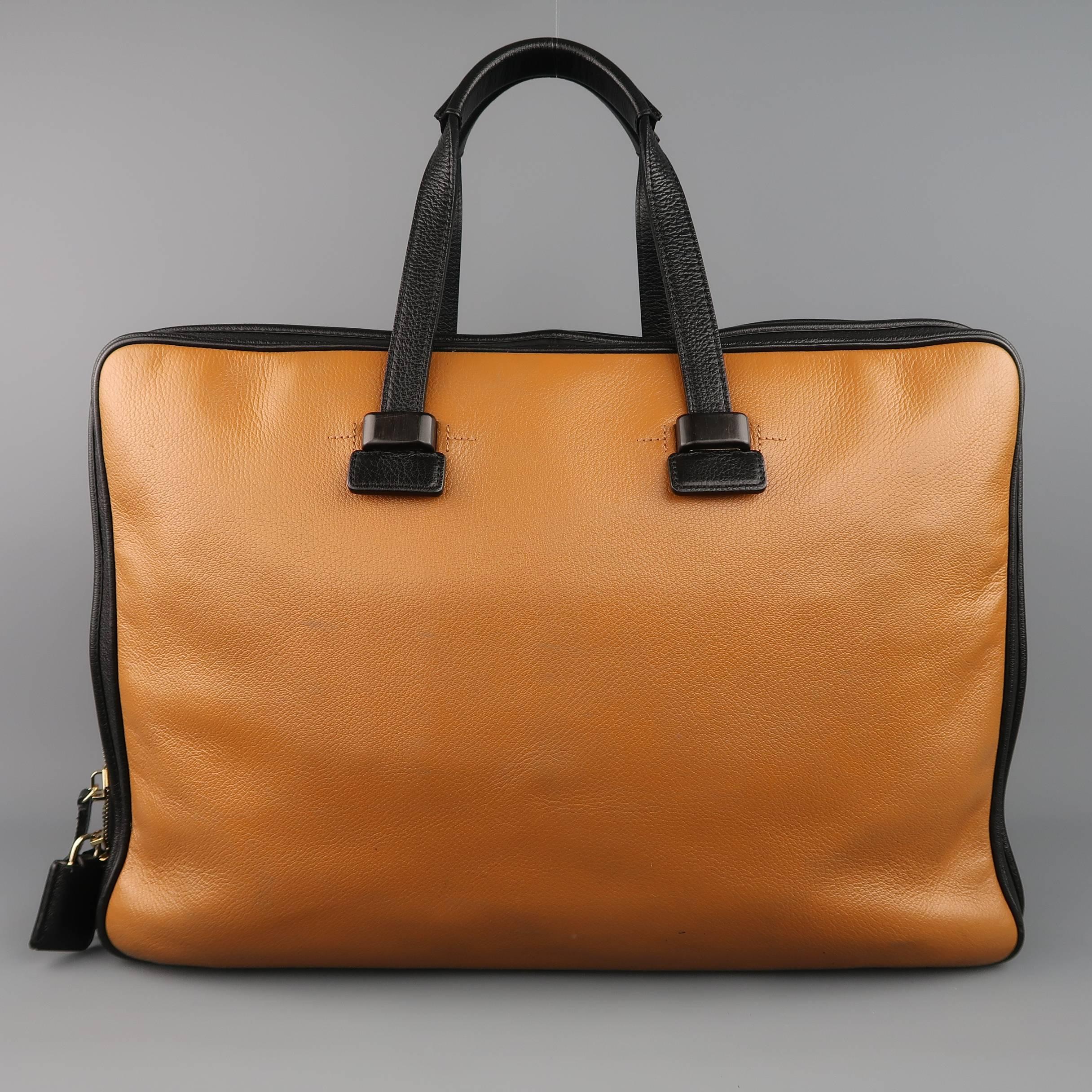 Tom Ford Tan and Black Pebbled Leather Travel Carry-On Briefcase  In Good Condition In San Francisco, CA