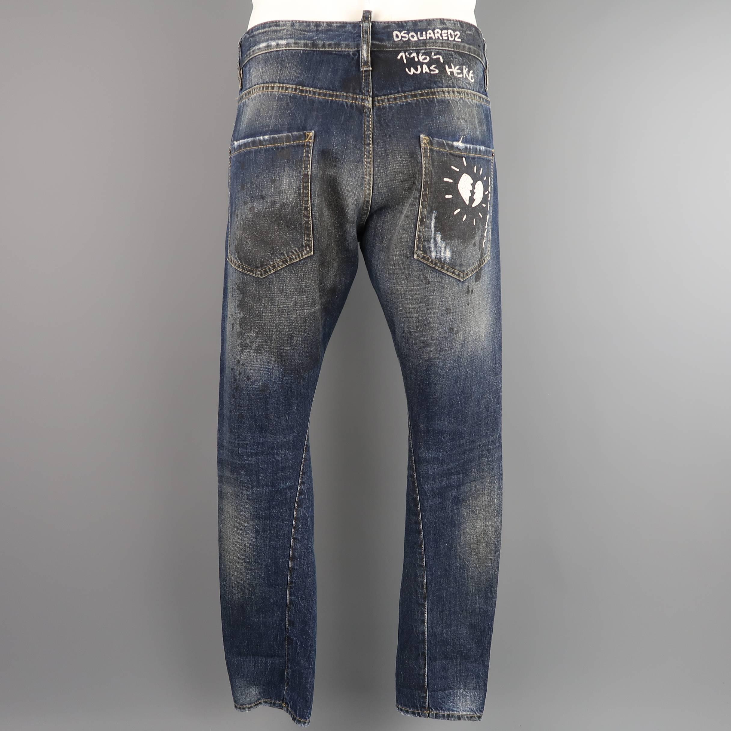 Men's DSQUARED2 Size 36 Navy Distressed Dirty Wash Doodle Denim Jeans In Good Condition In San Francisco, CA