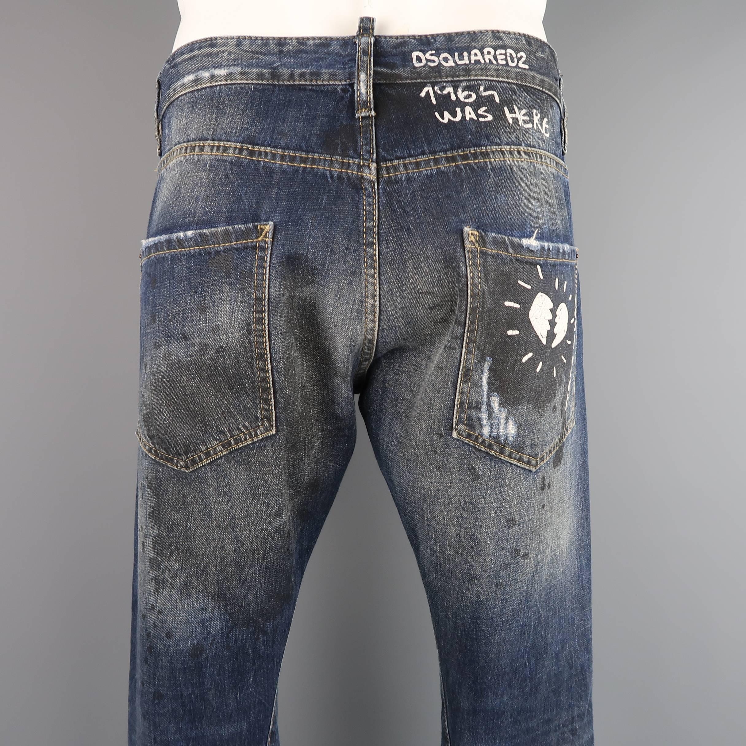 Women's or Men's Men's DSQUARED2 Size 36 Navy Distressed Dirty Wash Doodle Denim Jeans