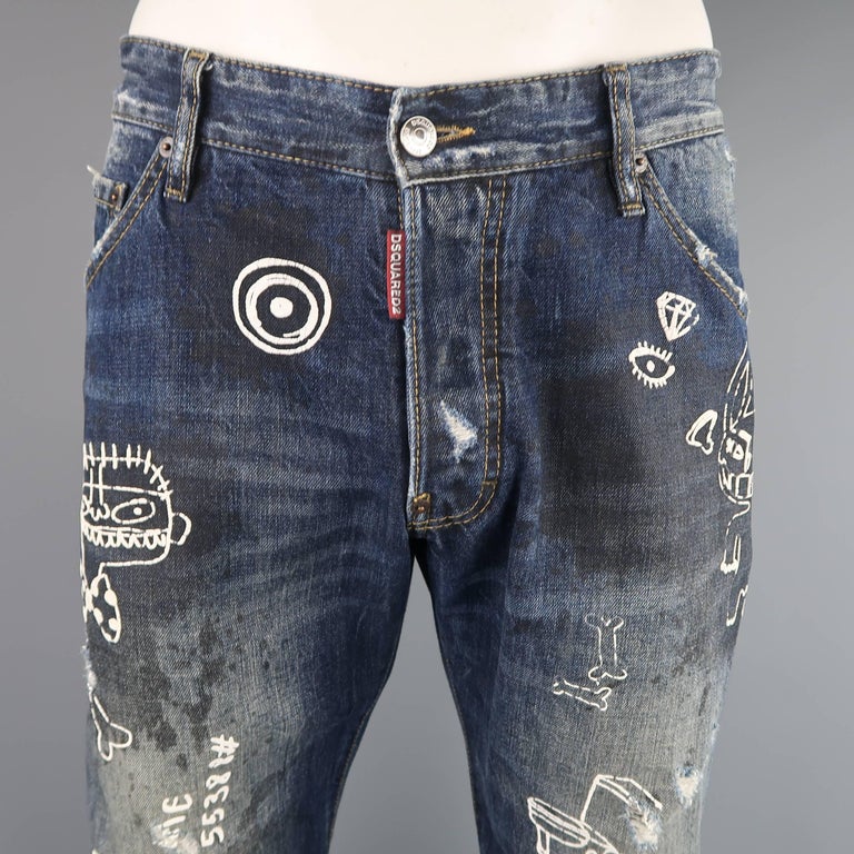 Men's DSQUARED2 Size 36 Navy Distressed Dirty Wash Doodle Denim Jeans