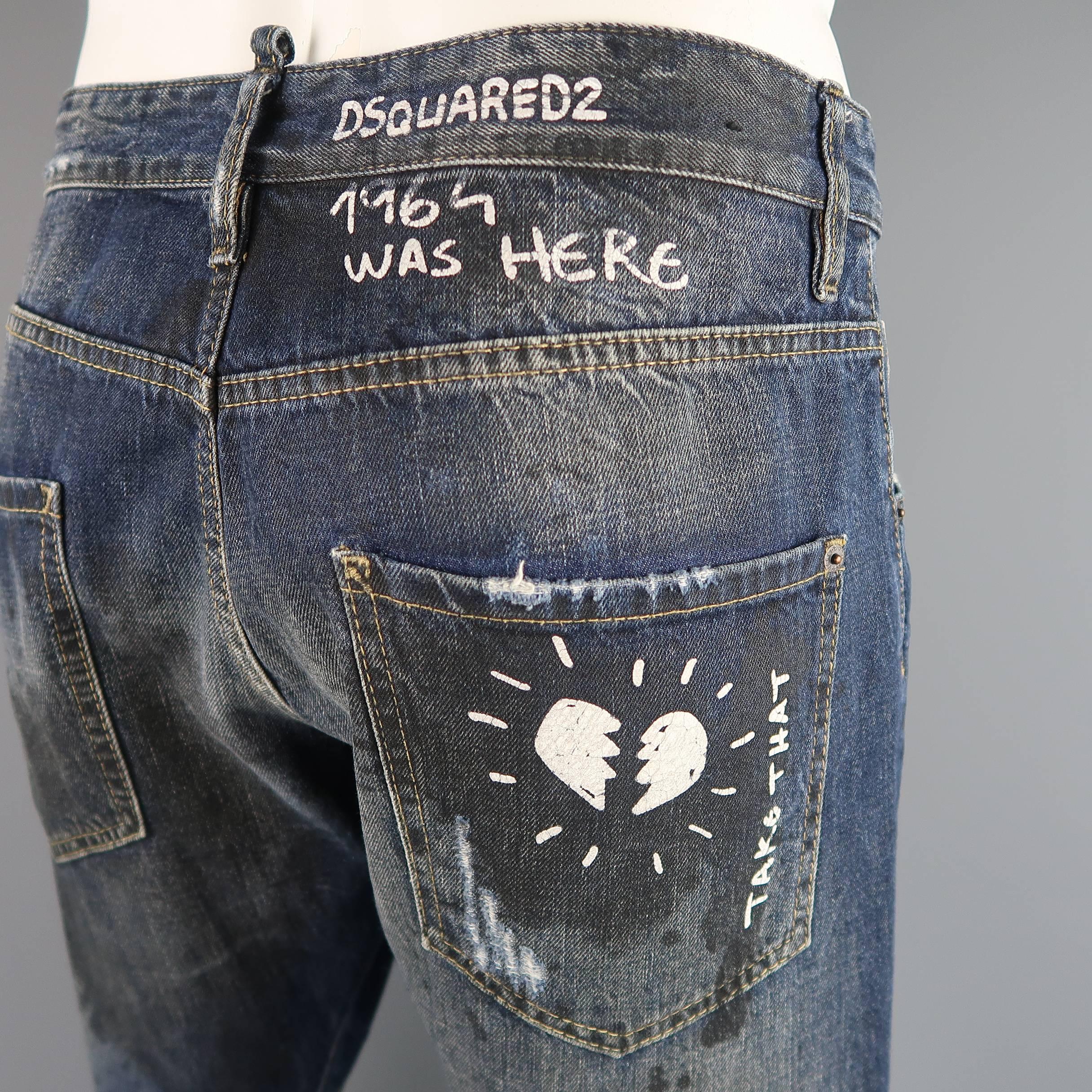 Men's DSQUARED2 Size 36 Navy Distressed Dirty Wash Doodle Denim Jeans 1