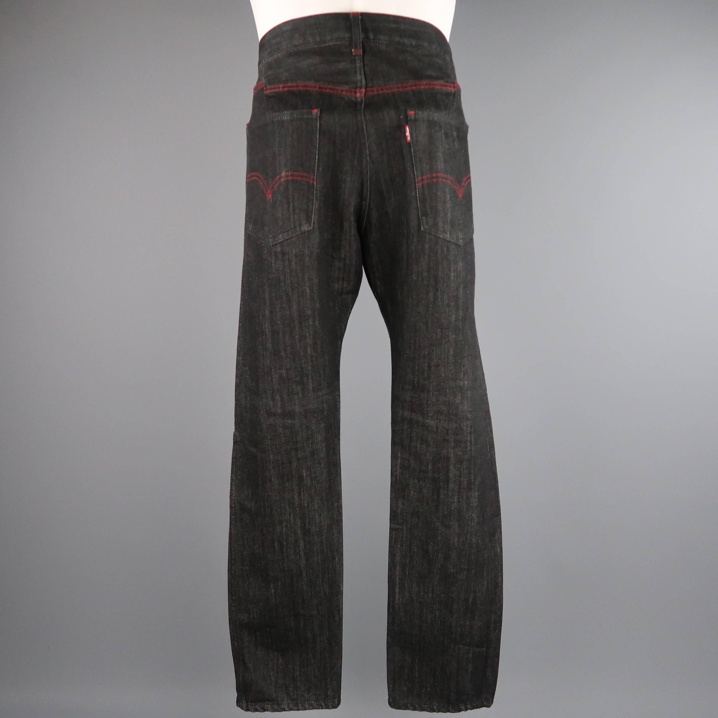 Men's JUNYA WATANABE X LEVI'S Size 32 Black Raw Denim Red Contrast Stitch Jeans In Excellent Condition In San Francisco, CA
