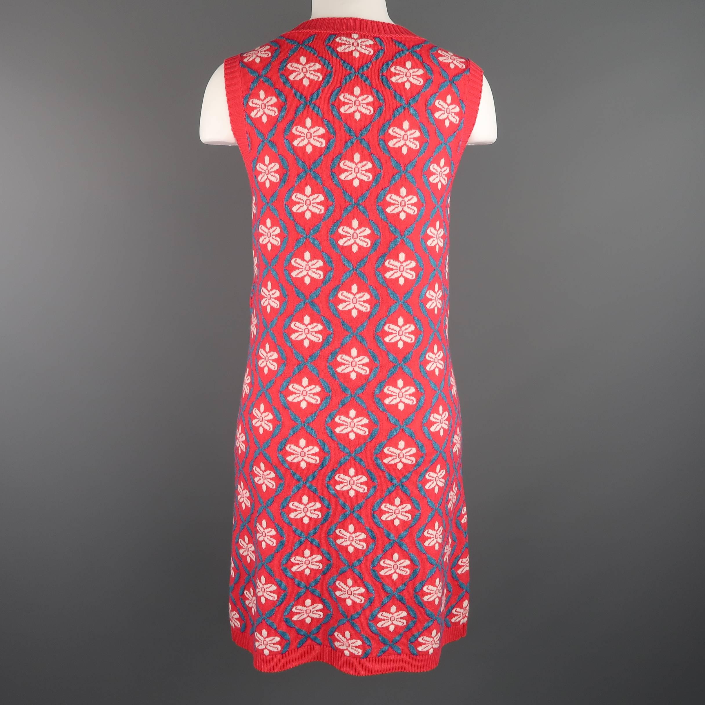 Women's CHANEL Size 4 Coral & Teal Floral Print Cashmere Sleeveless Shift Sweater Dress