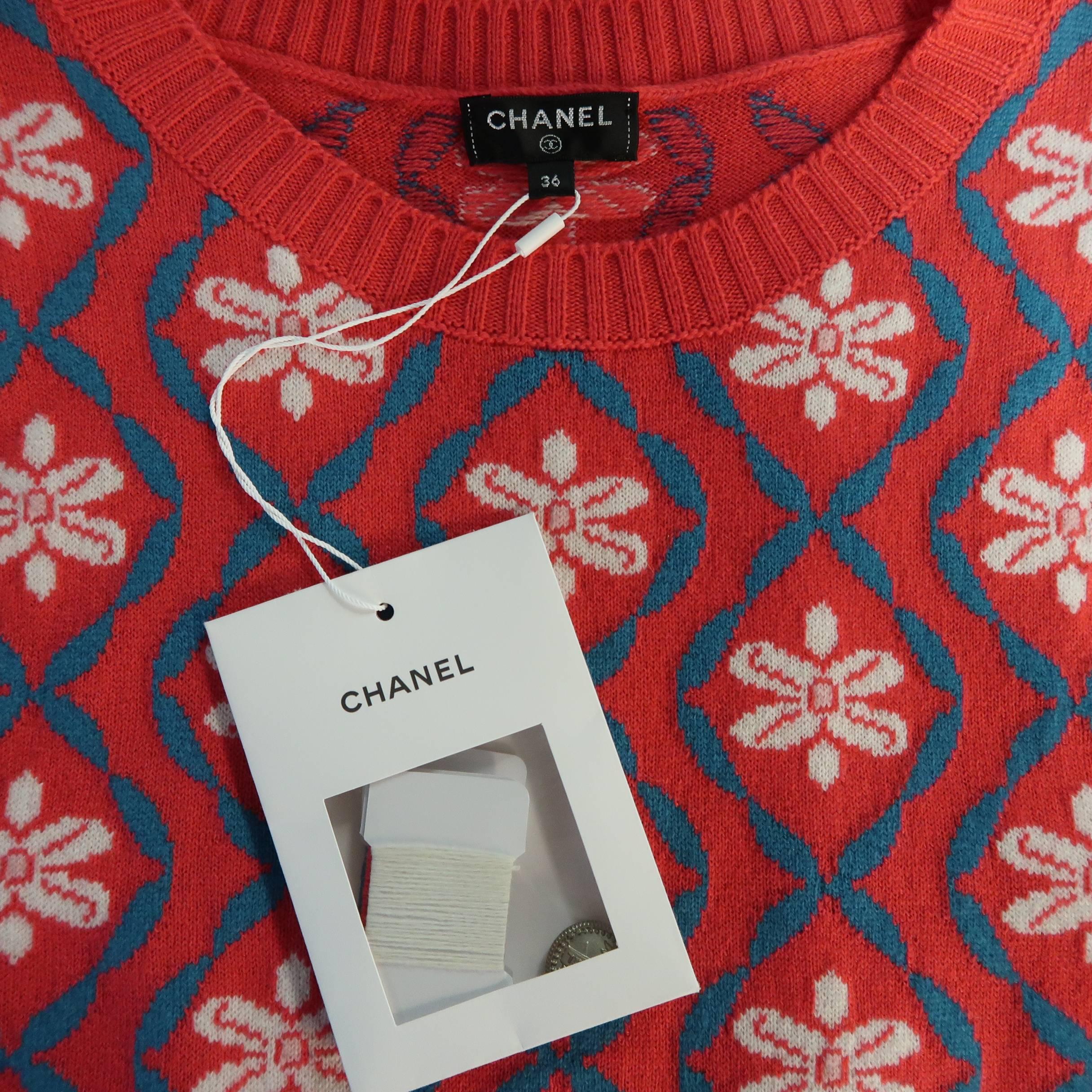 CHANEL Size 4 Coral & Teal Floral Print Cashmere Sleeveless Shift Sweater Dress 2