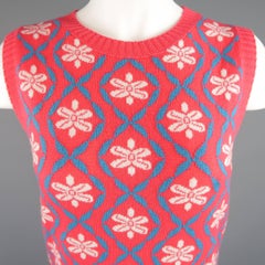 CHANEL Size 4 Coral & Teal Floral Print Cashmere Sleeveless Shift Sweater Dress