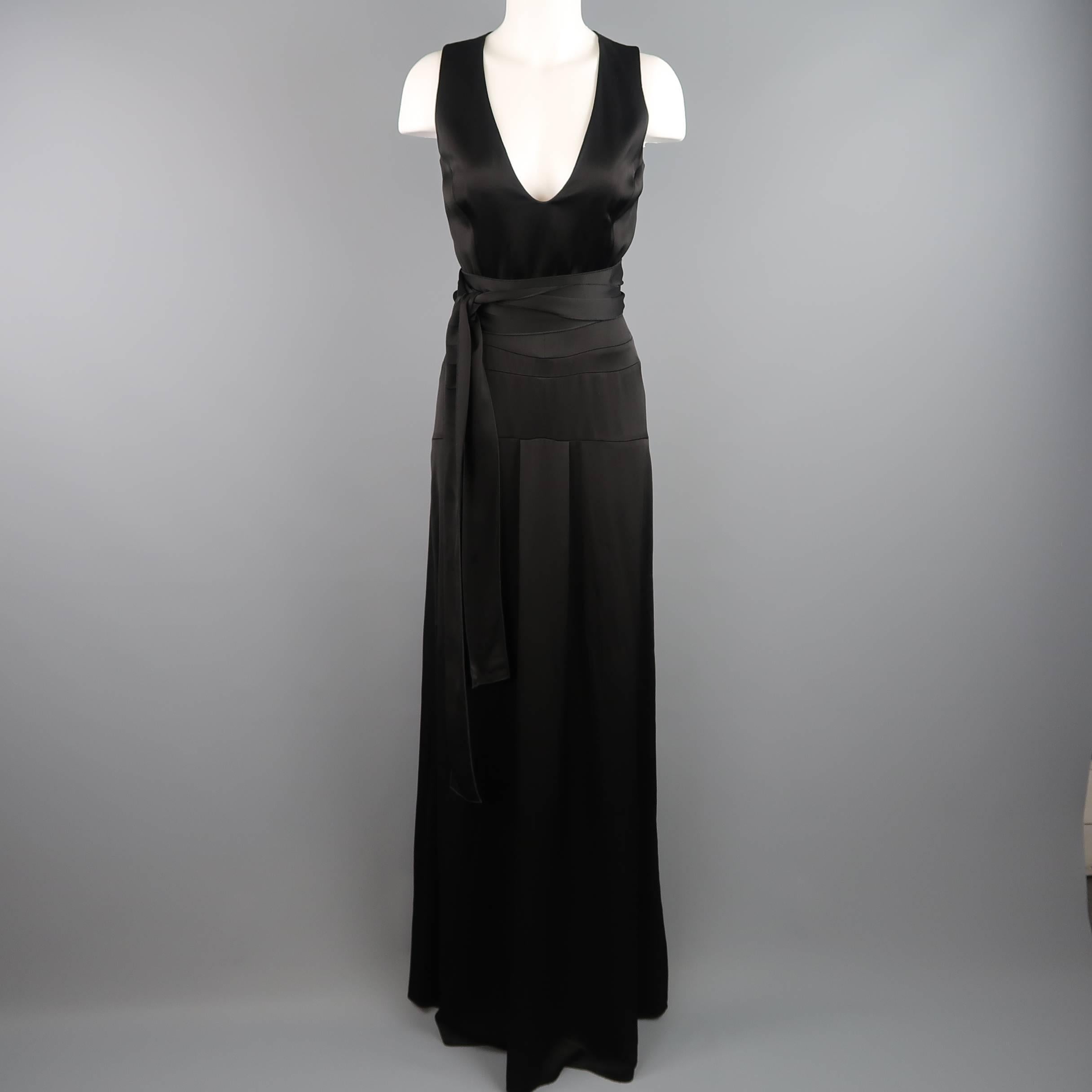 Victoria Beckham Black V Neck Pleat Corset Waist Maxi Dress  In Excellent Condition In San Francisco, CA