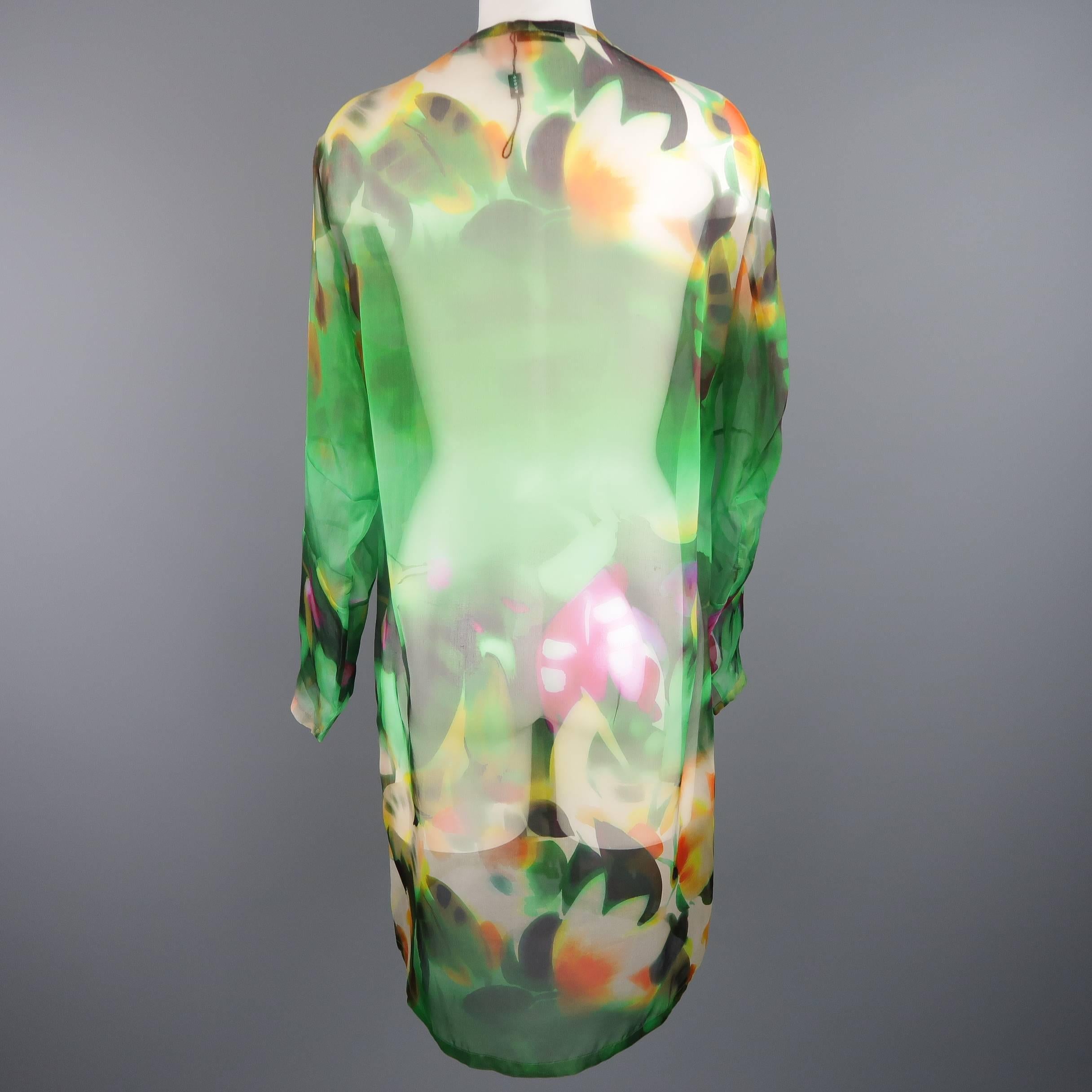 Akris Green Abstract Floral Silk Organza Collarless Coat   3