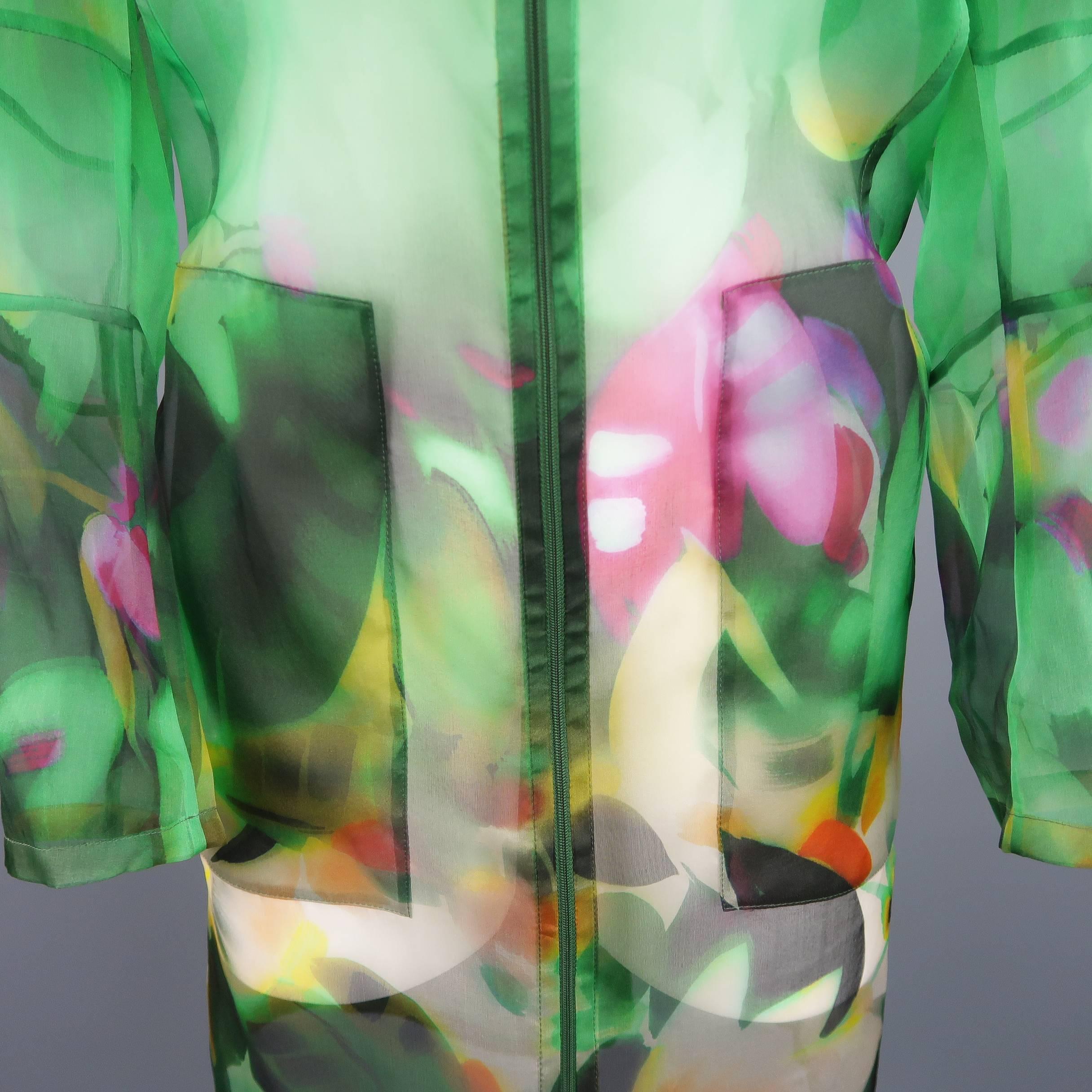 Akris Green Abstract Floral Silk Organza Collarless Coat   In New Condition In San Francisco, CA
