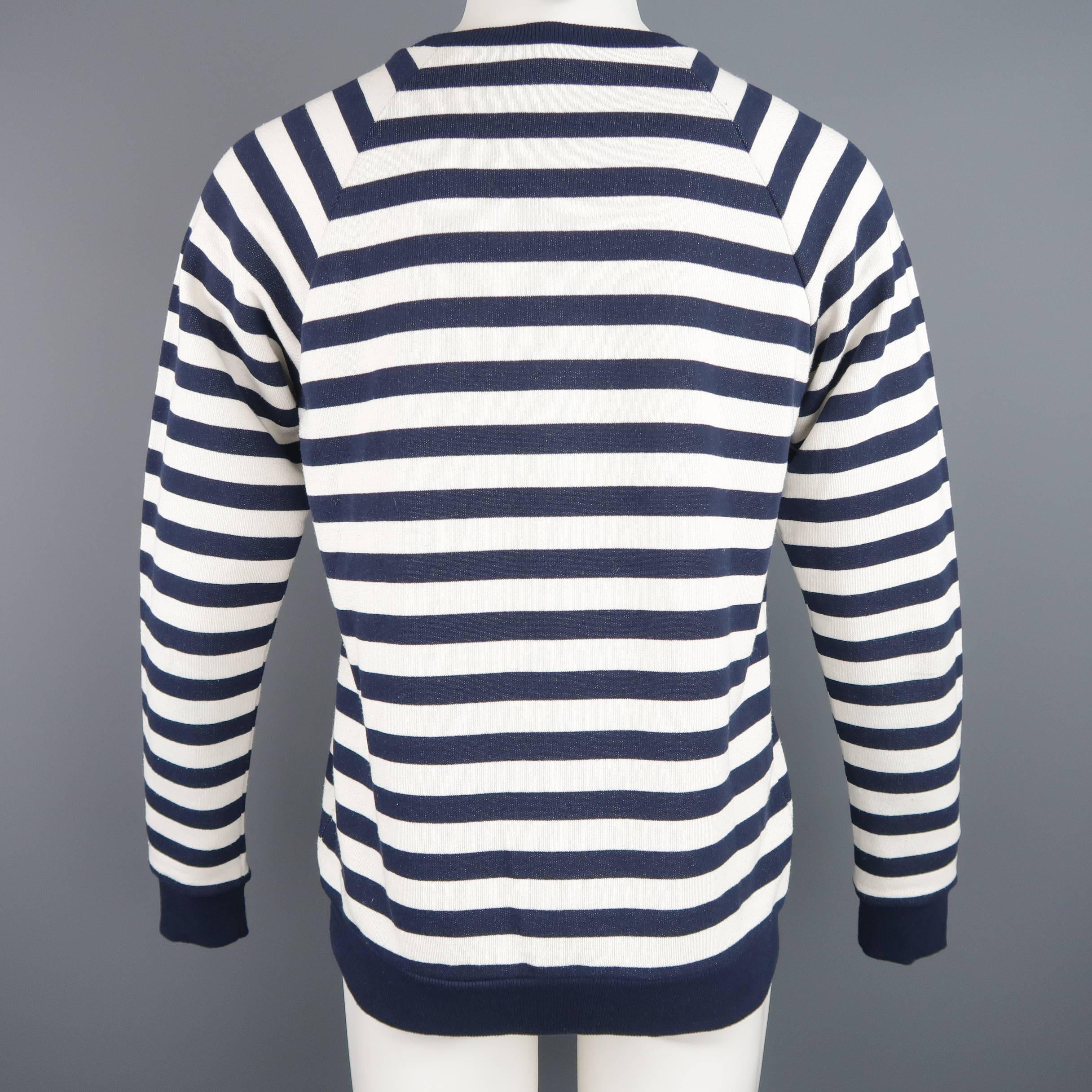 Black SAINT LAURENT Size L Navy & Creme Stripe Cotton French Terrycloth Sweatshirt