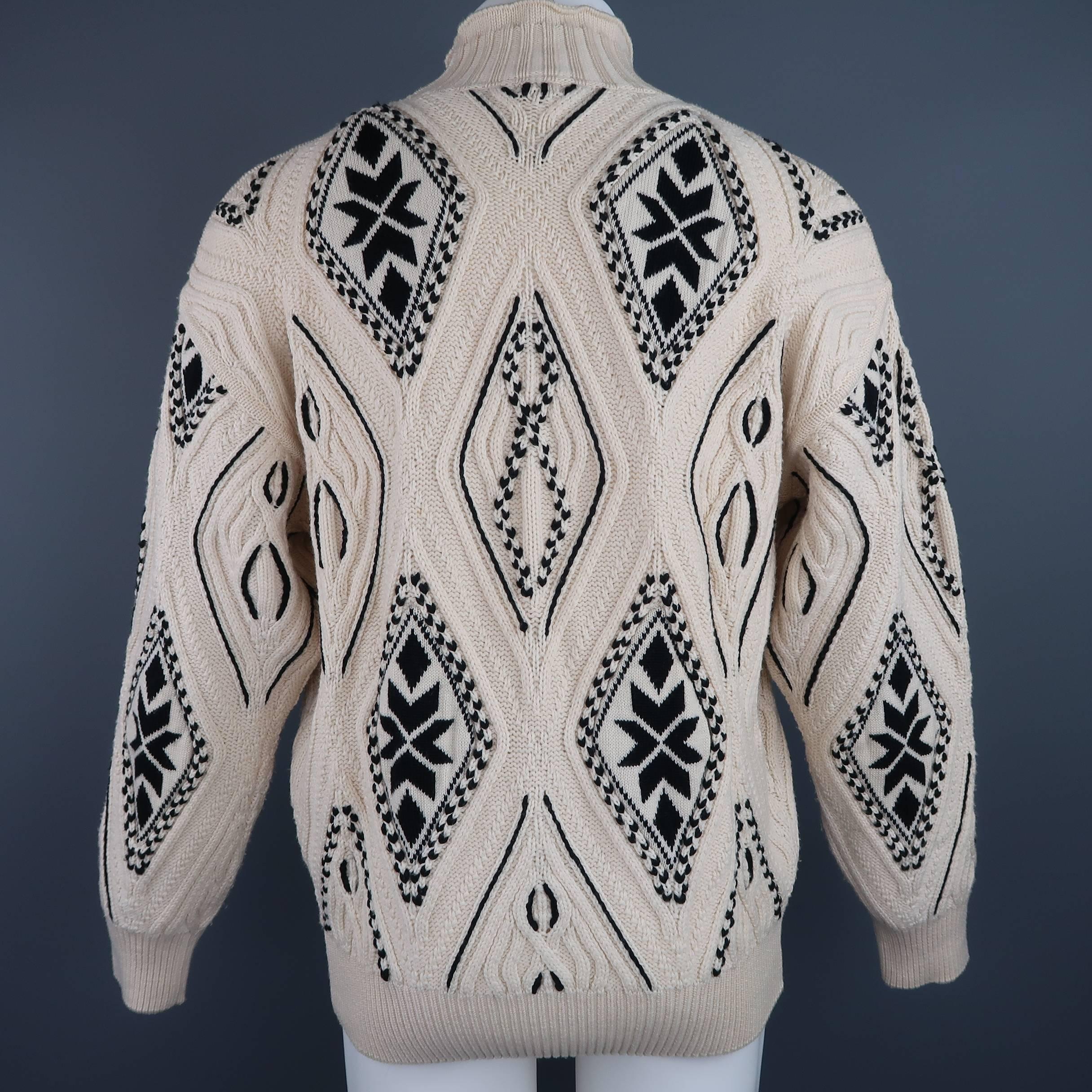 Women's or Men's GIANFRANCO FERRE Size M Cream & Black Wool Diamond Panel Mock Neck Sweater