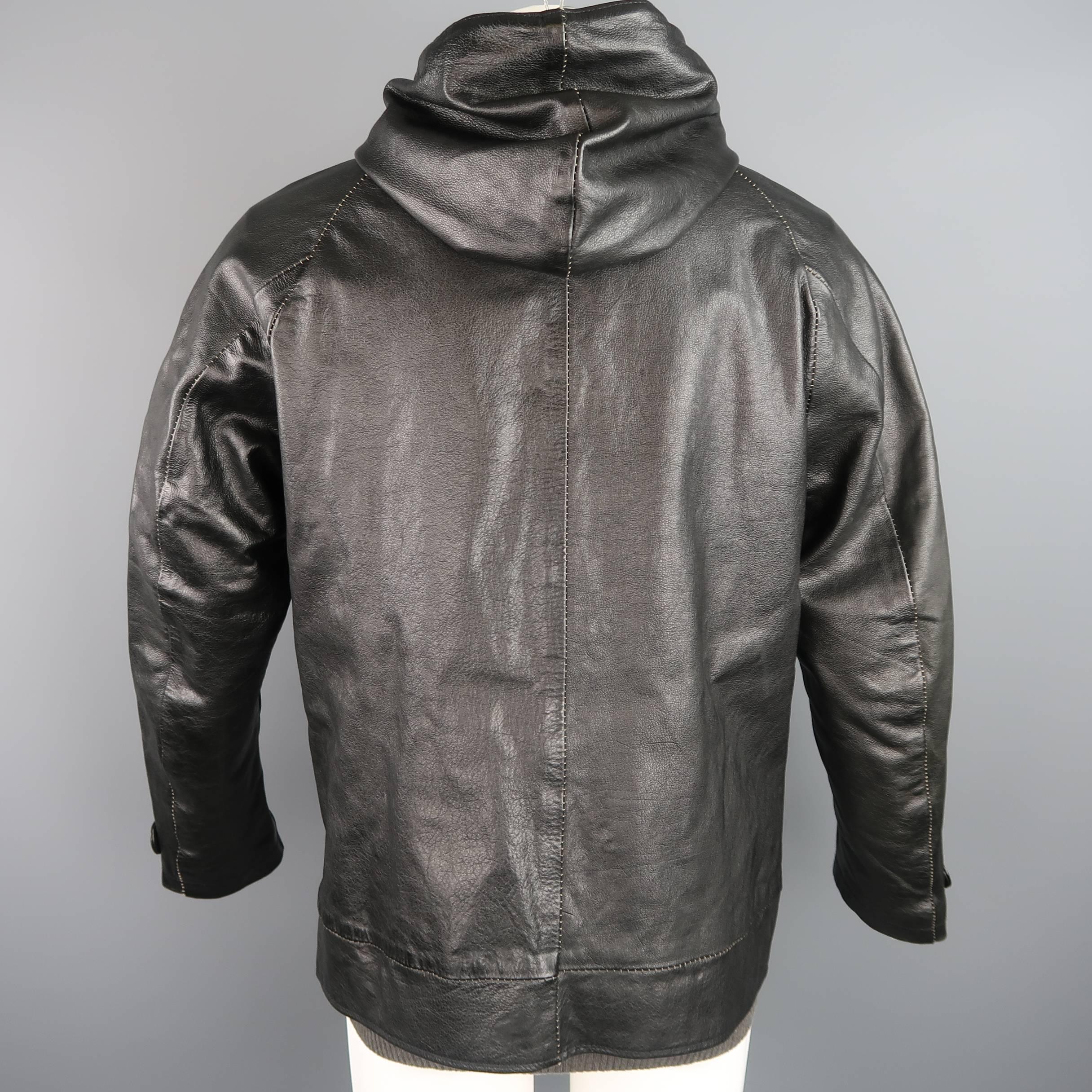 Men's 08SIRCUS Leather Jacket - 40 Black Textured Detachable Wool Liner Hooded 3