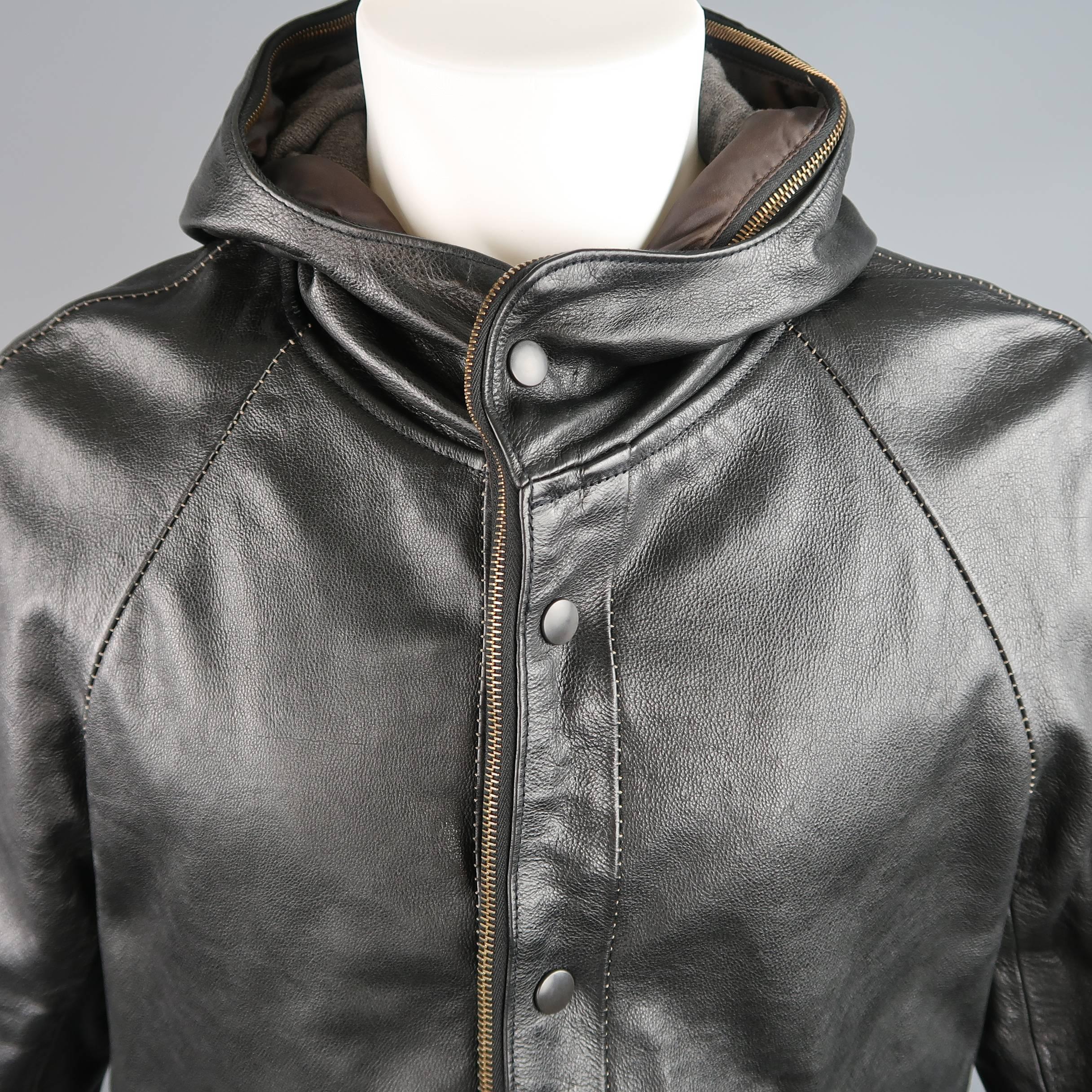 Men's 08SIRCUS Leather Jacket - 40 Black Textured Detachable Wool Liner Hooded In Excellent Condition In San Francisco, CA