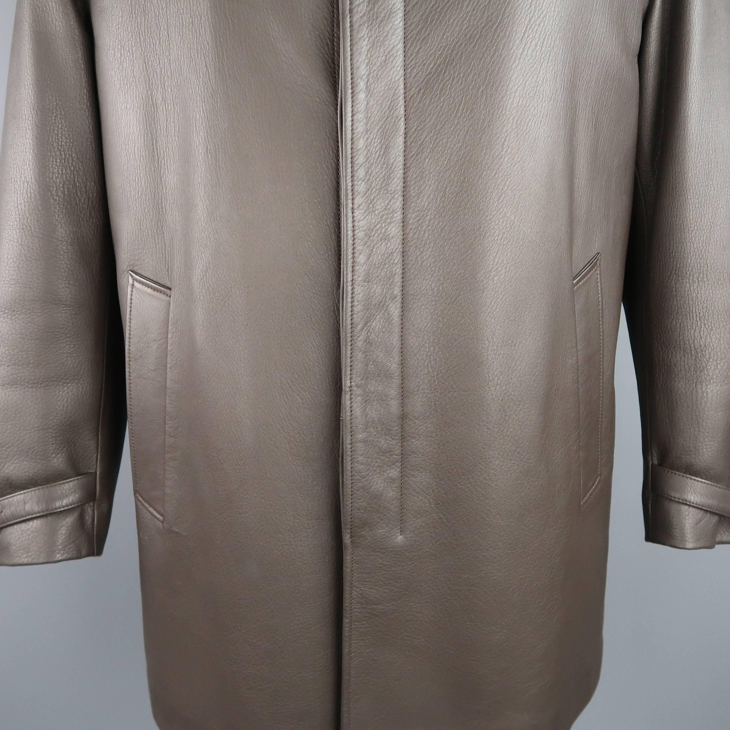 Gray Men's PAUL STUART 42 Brown Leather Hidden Placket Belted Collar Car Coat