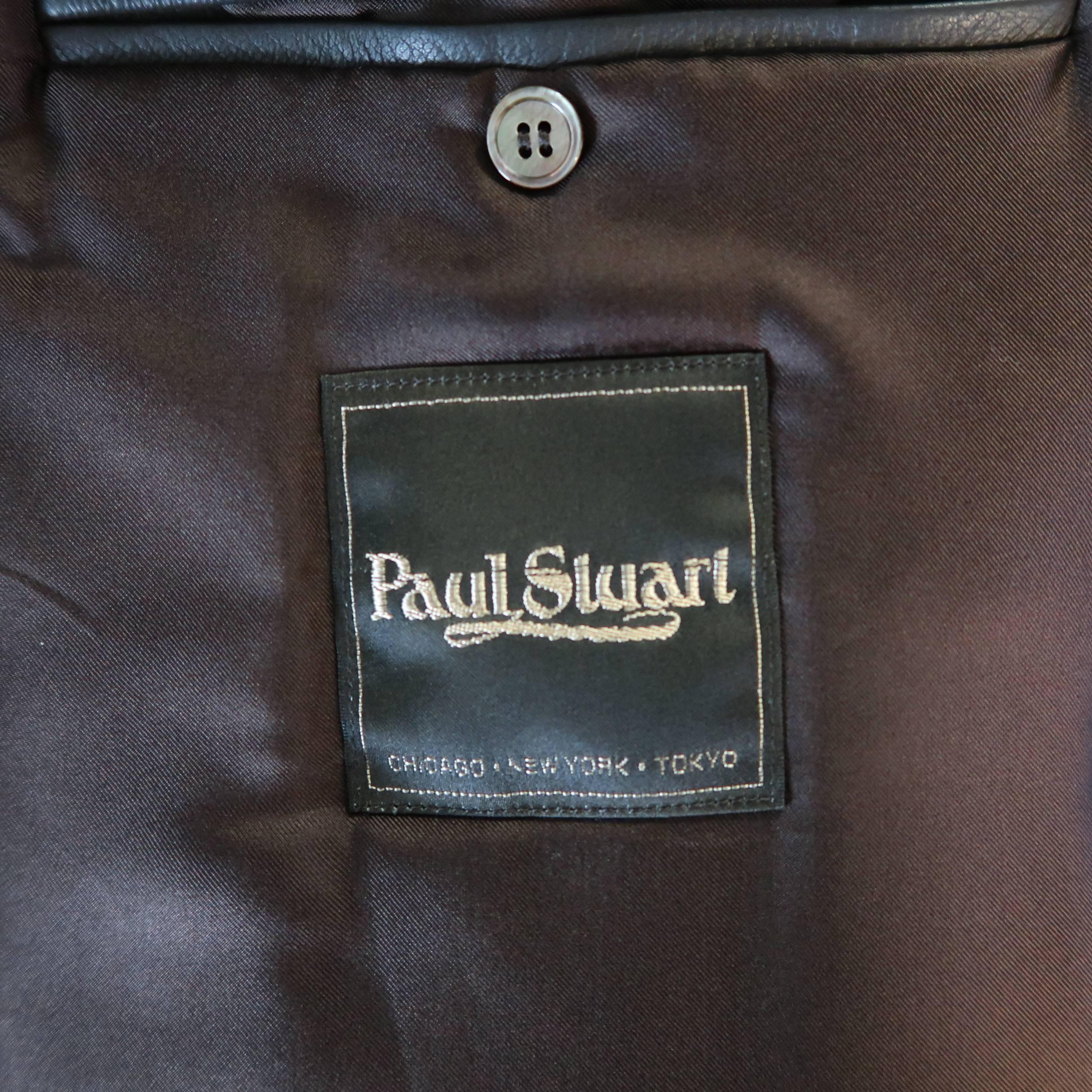 Men's PAUL STUART 42 Brown Leather Hidden Placket Belted Collar Car Coat 2