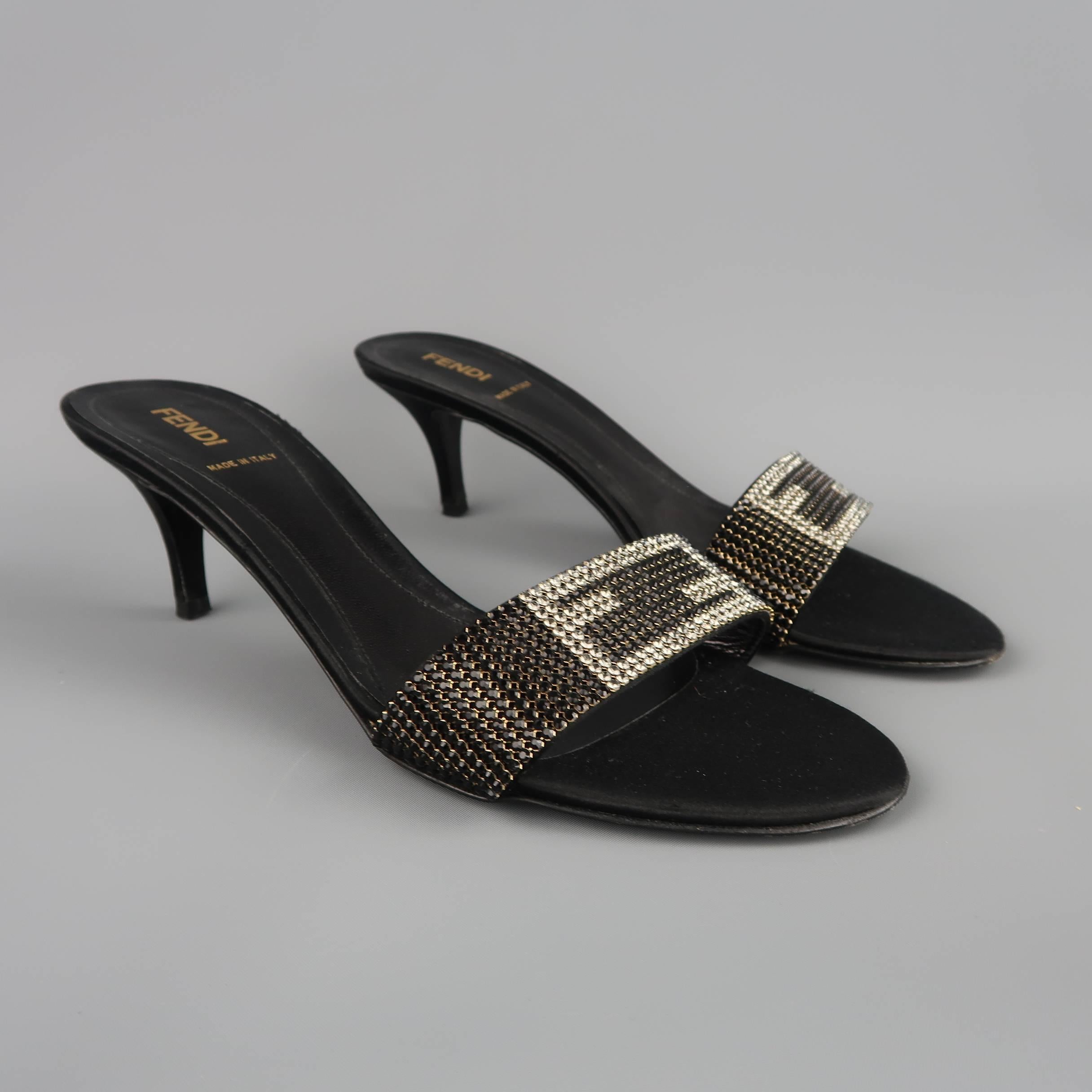 FENDI Size 9.5 Black Silk Rhinestone Logo Strap Kitten Heel Mule Sandals In Excellent Condition In San Francisco, CA