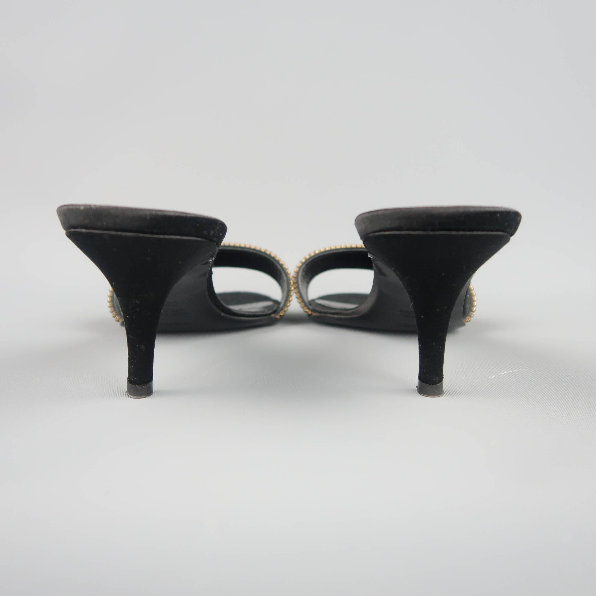 Women's FENDI Size 9.5 Black Silk Rhinestone Logo Strap Kitten Heel Mule Sandals