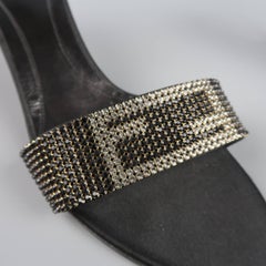 FENDI Size 9.5 Black Silk Rhinestone Logo Strap Kitten Heel Mule Sandals