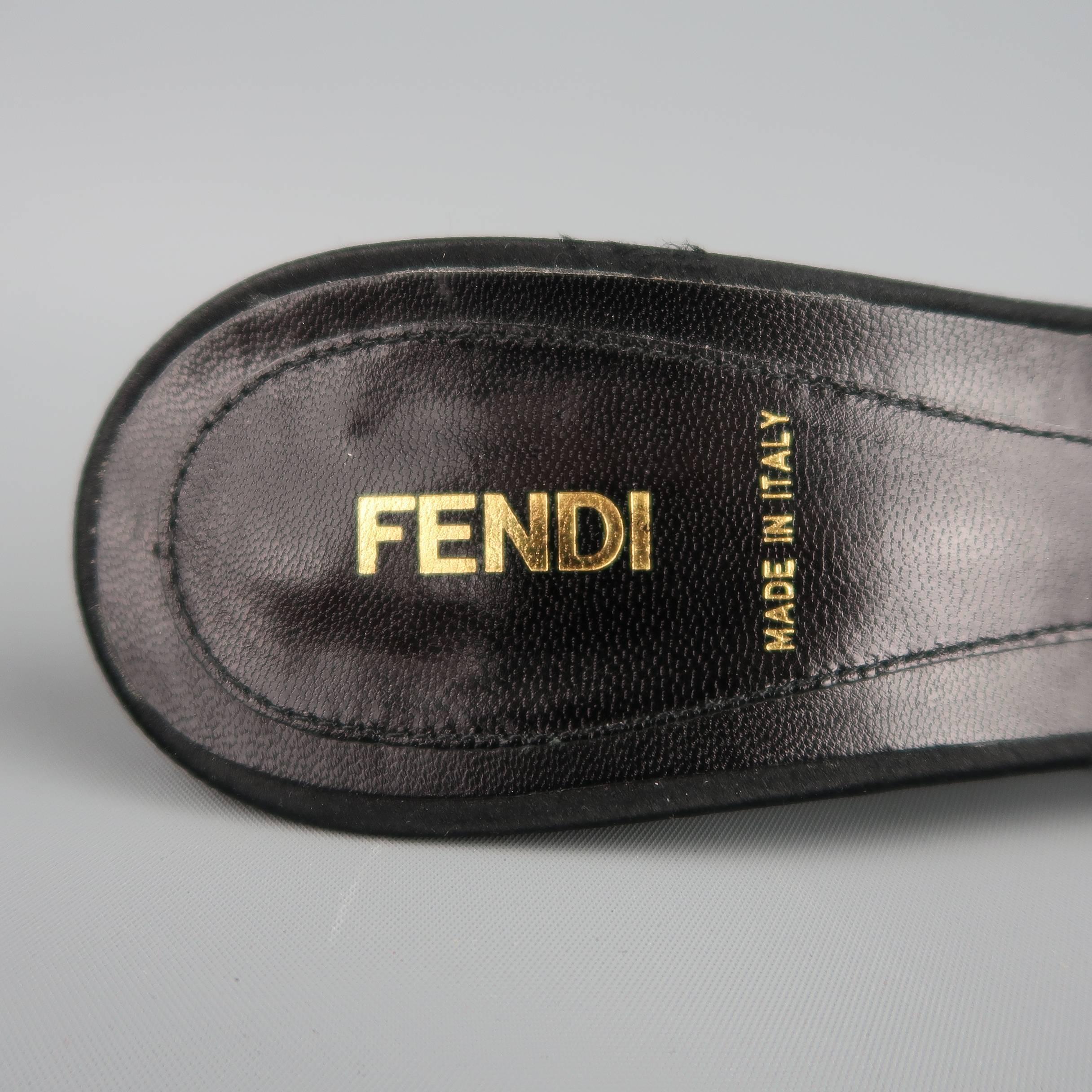 FENDI Size 9.5 Black Silk Rhinestone Logo Strap Kitten Heel Mule Sandals 2