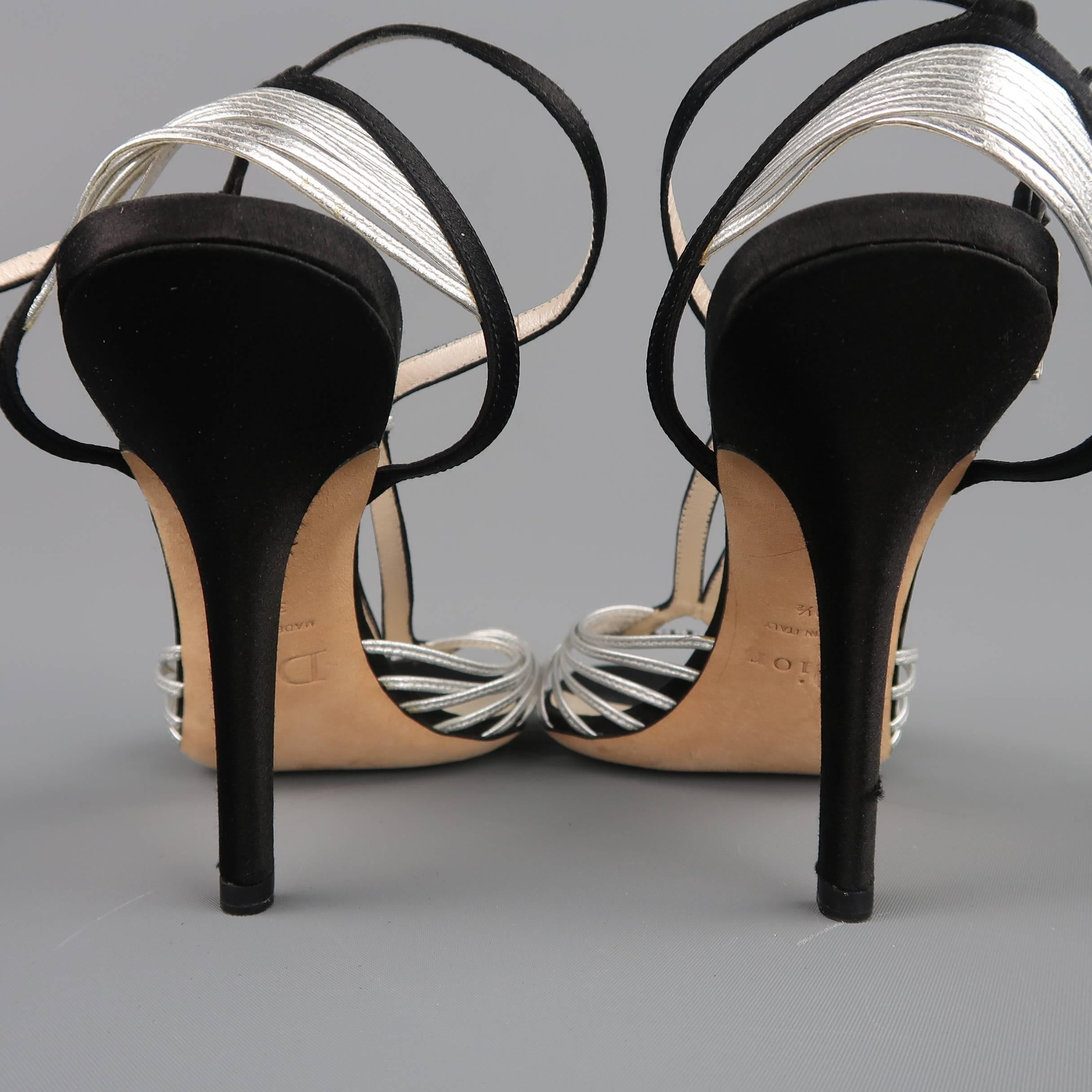 CHRISTIAN DIOR Size 9.5 Black & Silver Silk & Leather Rhinestone T Strap Sandals In Good Condition In San Francisco, CA