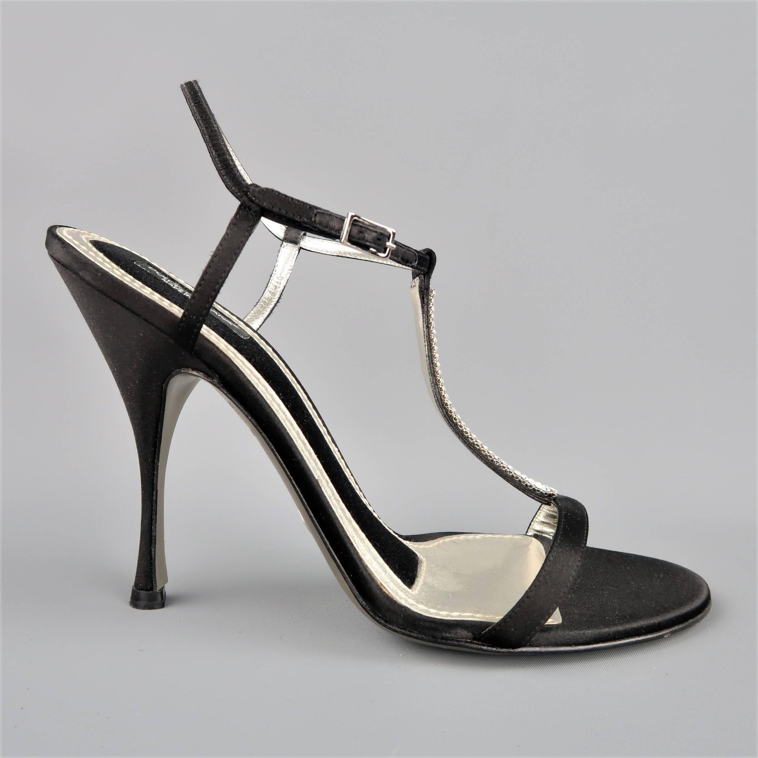 DOLCE & GABBANA 10 Black Silk & Leather Rhinestone T Strap Ankle Harness Sandals In Good Condition In San Francisco, CA